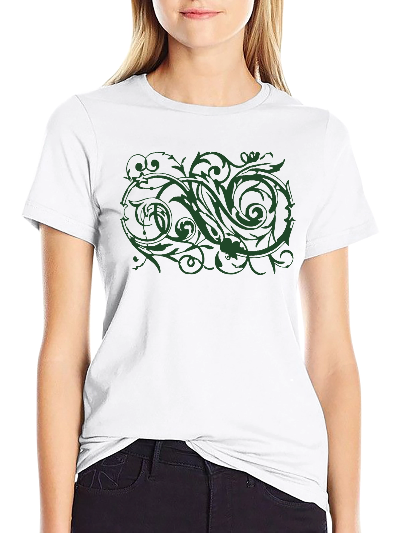 Mens Black T-Shirt with Green Floral Design