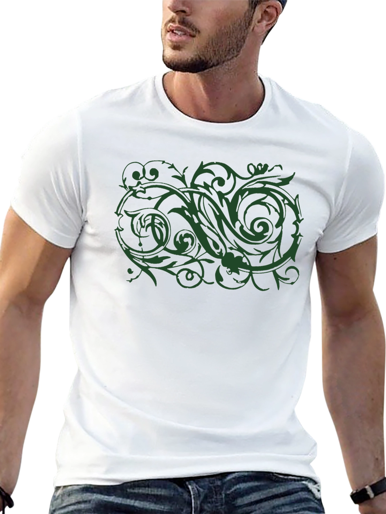 Mens Black T-Shirt with Green Floral Design