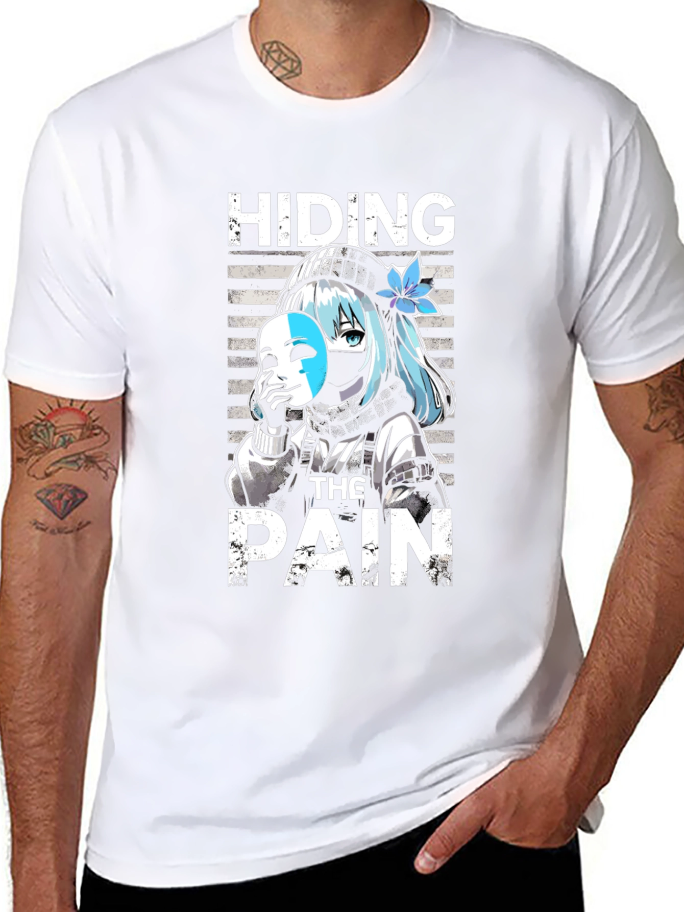 Hiding The Pain Anime Graphic Tee Black