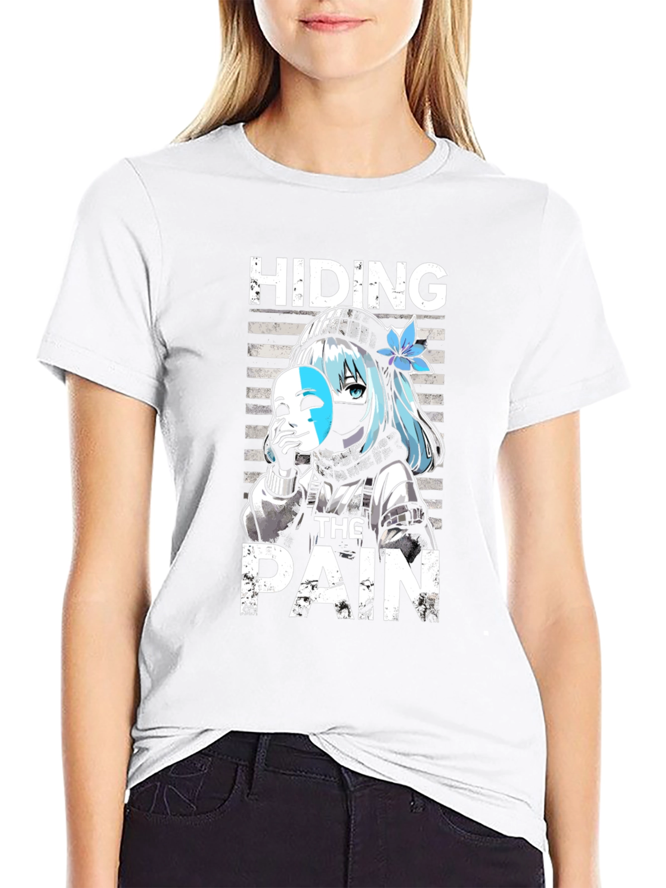Hiding The Pain Anime Graphic Tee Black