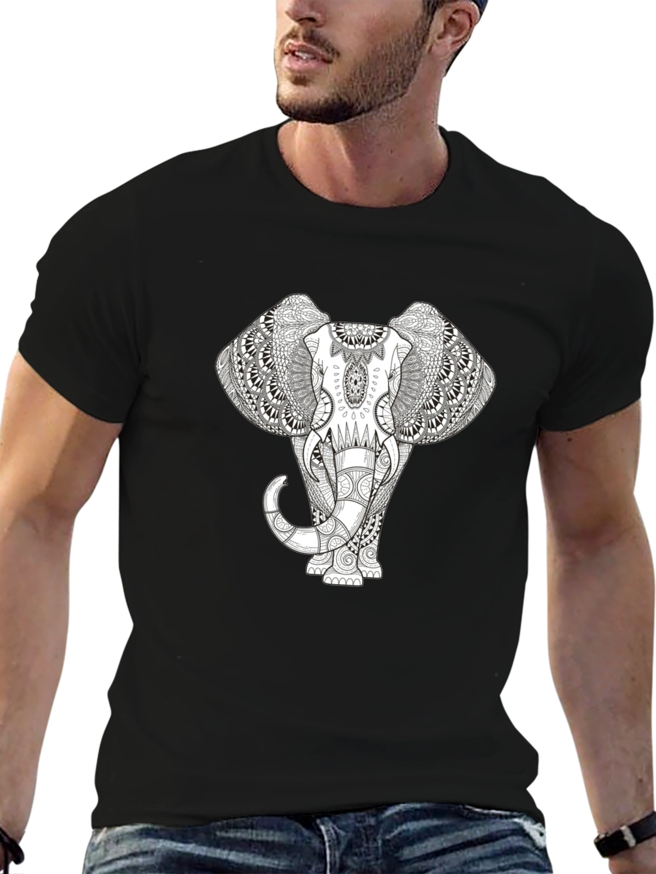 Elephant Mandala Print Black T-Shirt