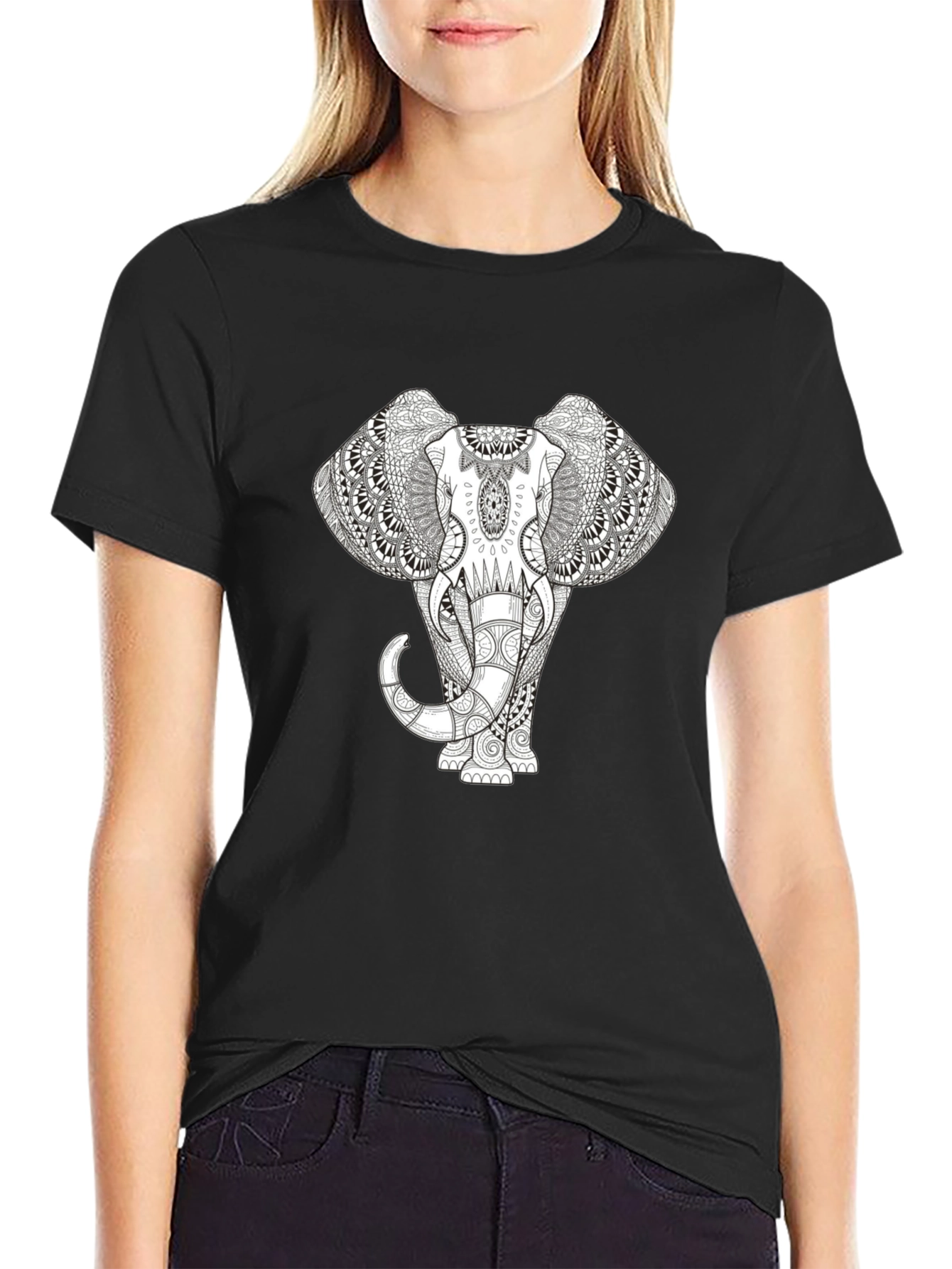 Elephant Mandala Print Black T-Shirt