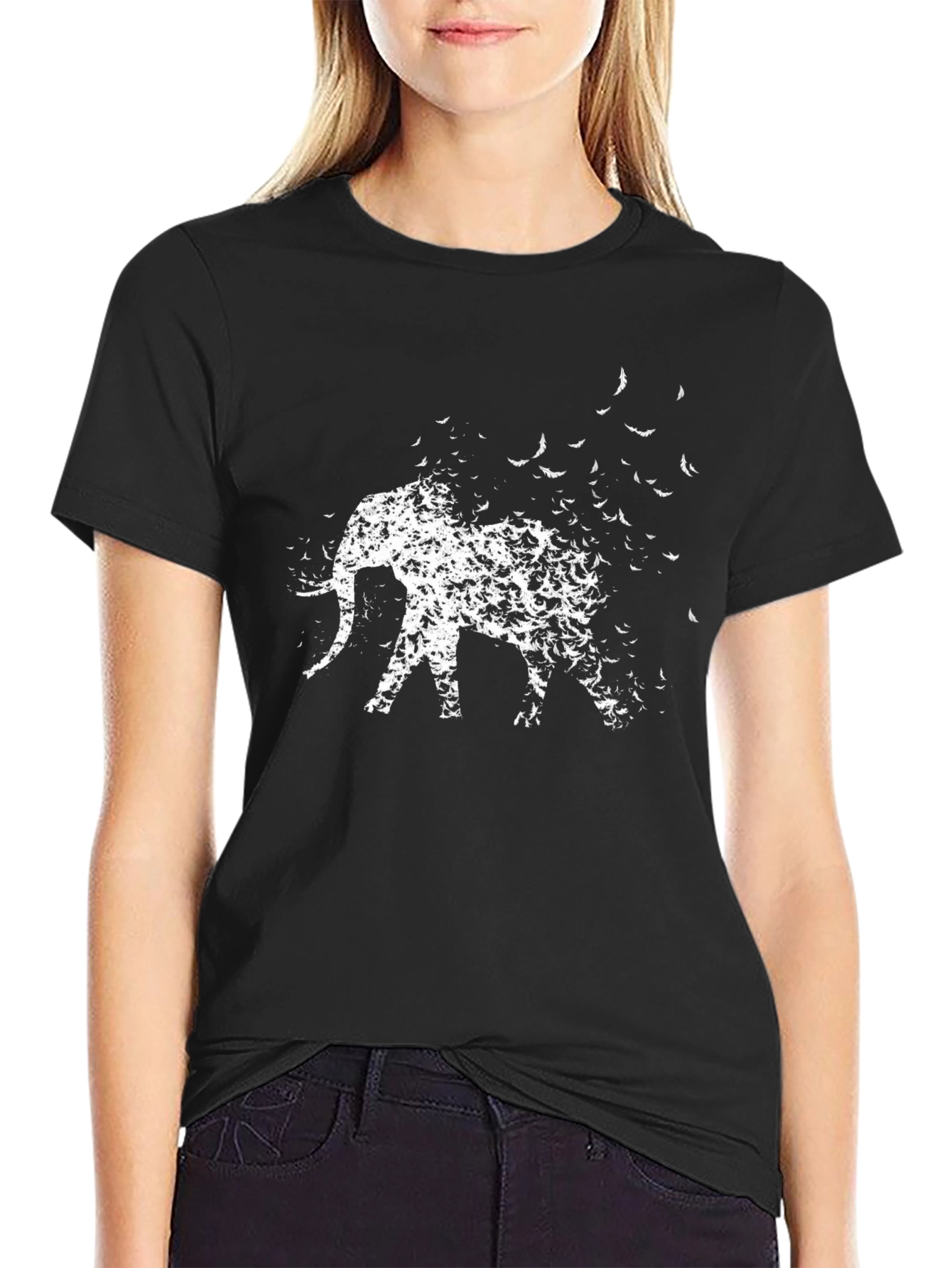 Elephant Bird Flock Graphic Tee - Black Cotton Blend