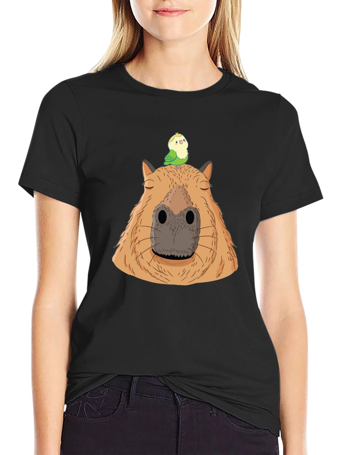 Capybara & Bird Graphic Tee - Unisex Black T-Shirt