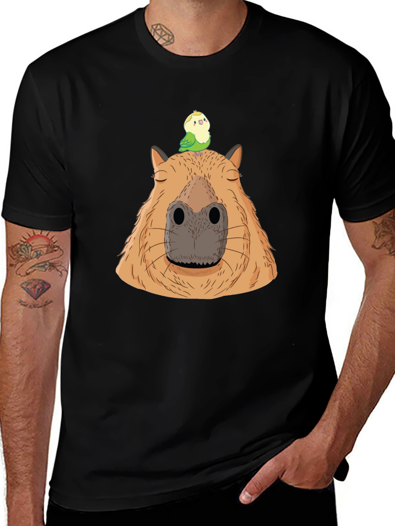 Capybara & Bird Graphic Tee - Unisex Black T-Shirt