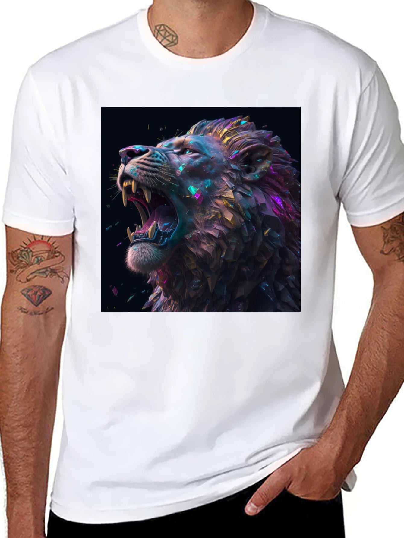Lion T-Shirt Black Tee Roaring Design