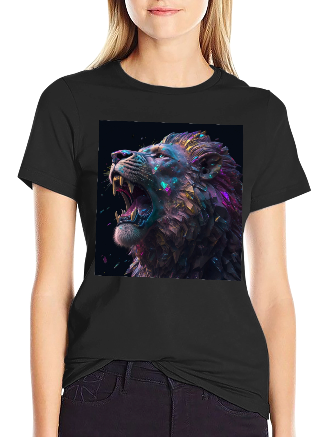 Lion T-Shirt Black Tee Roaring Design