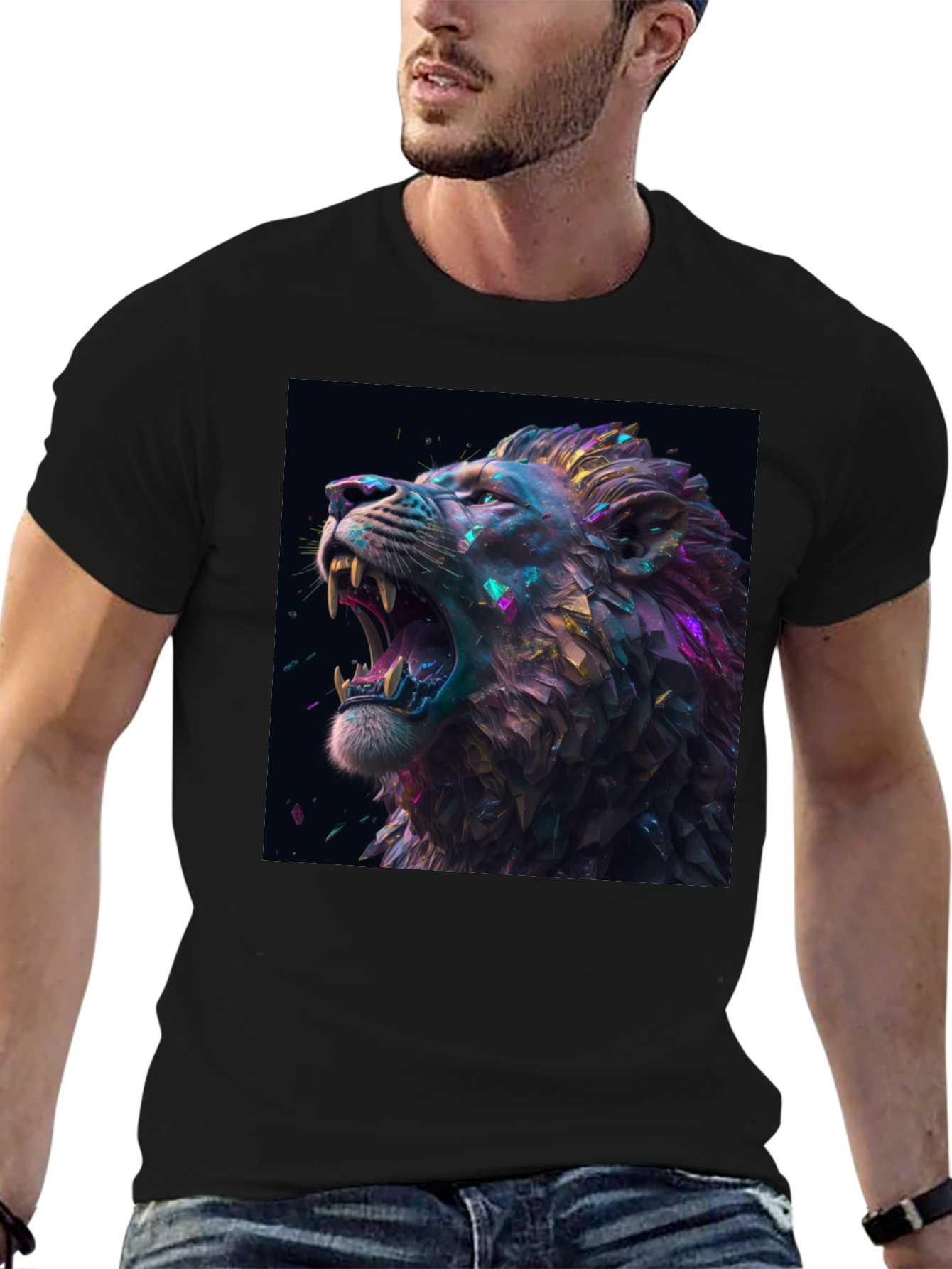 Lion T-Shirt Black Tee Roaring Design