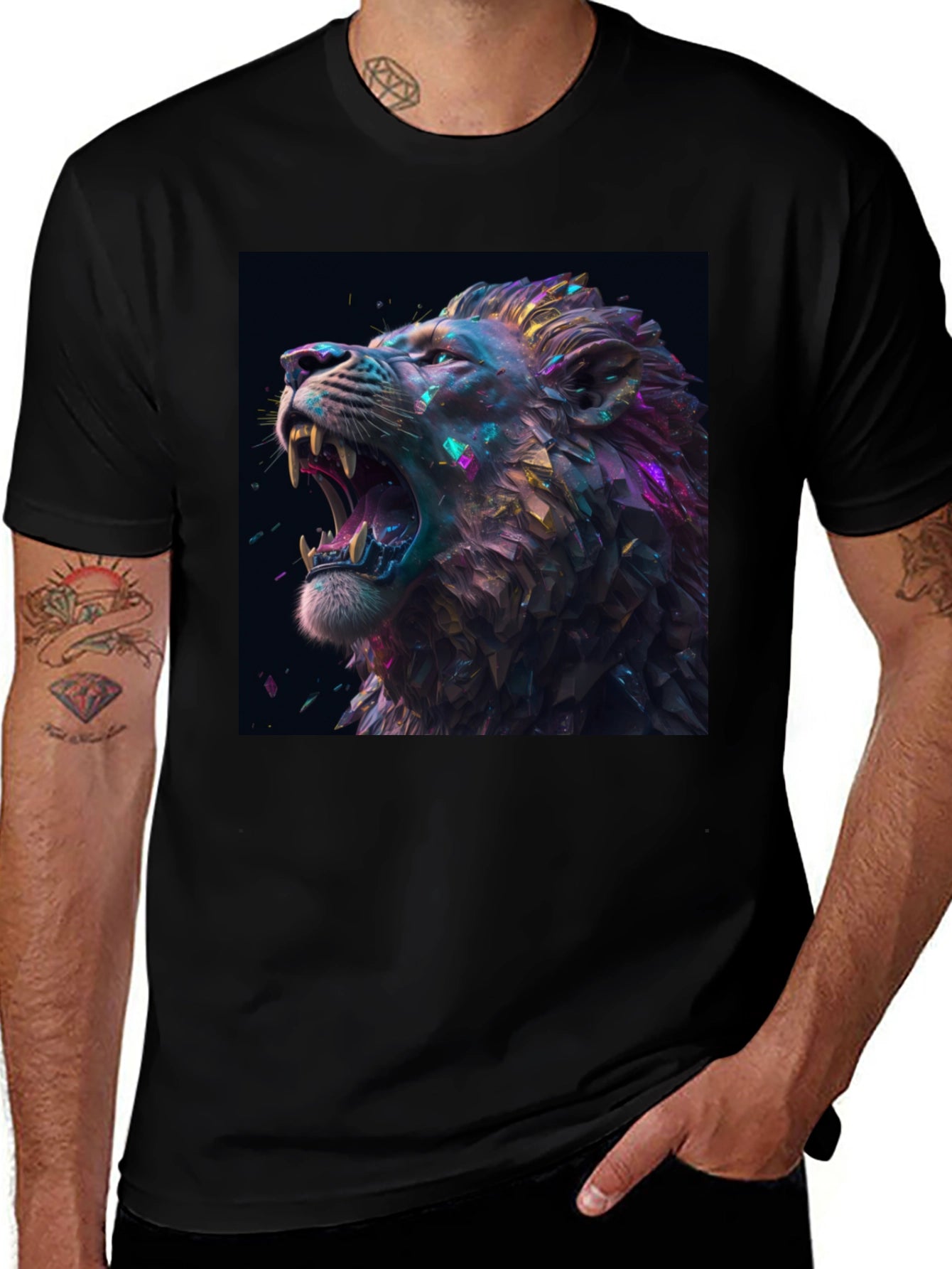 Lion T-Shirt Black Tee Roaring Design