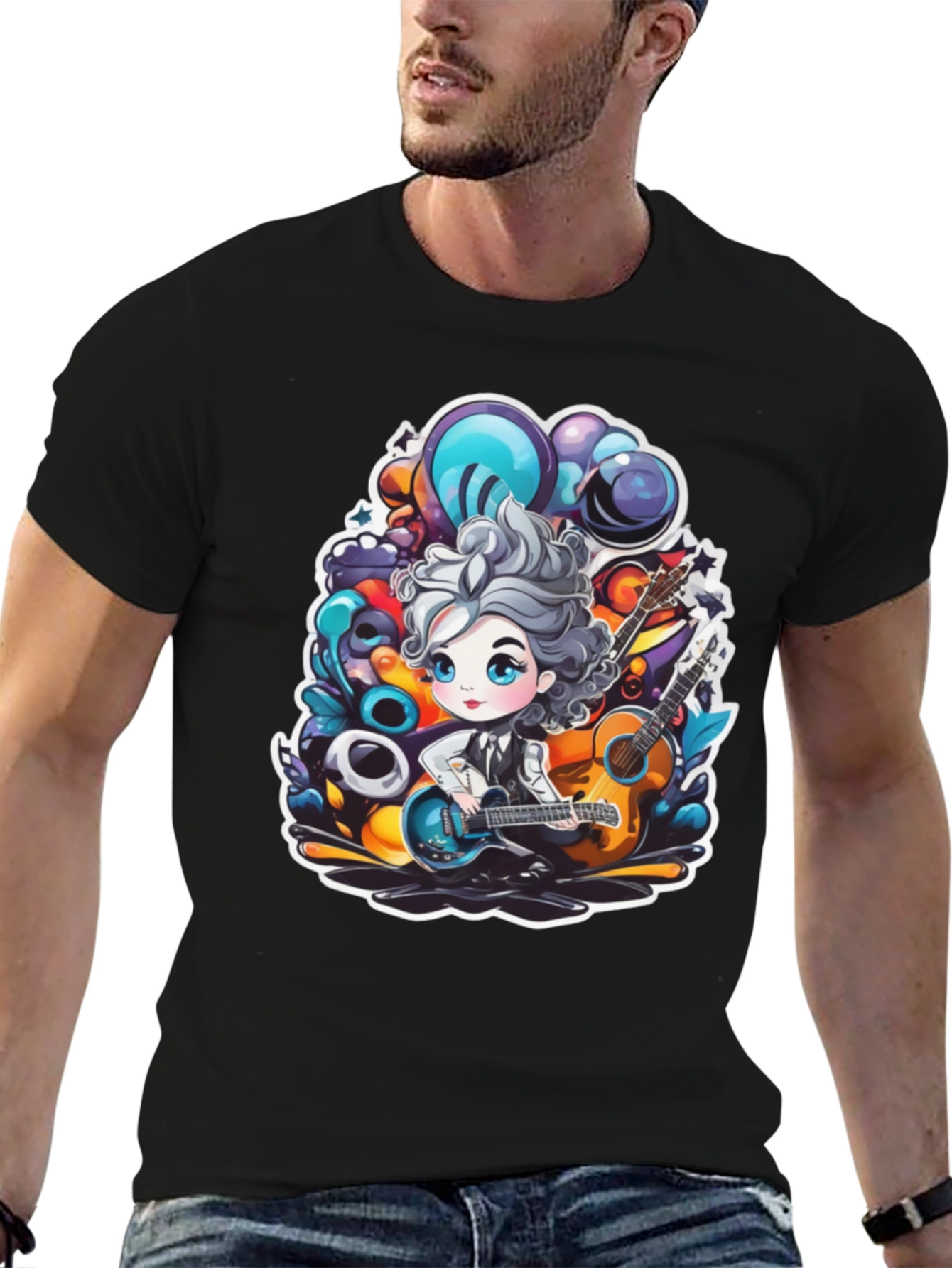 Cartoon Guitarist Black T-Shirt