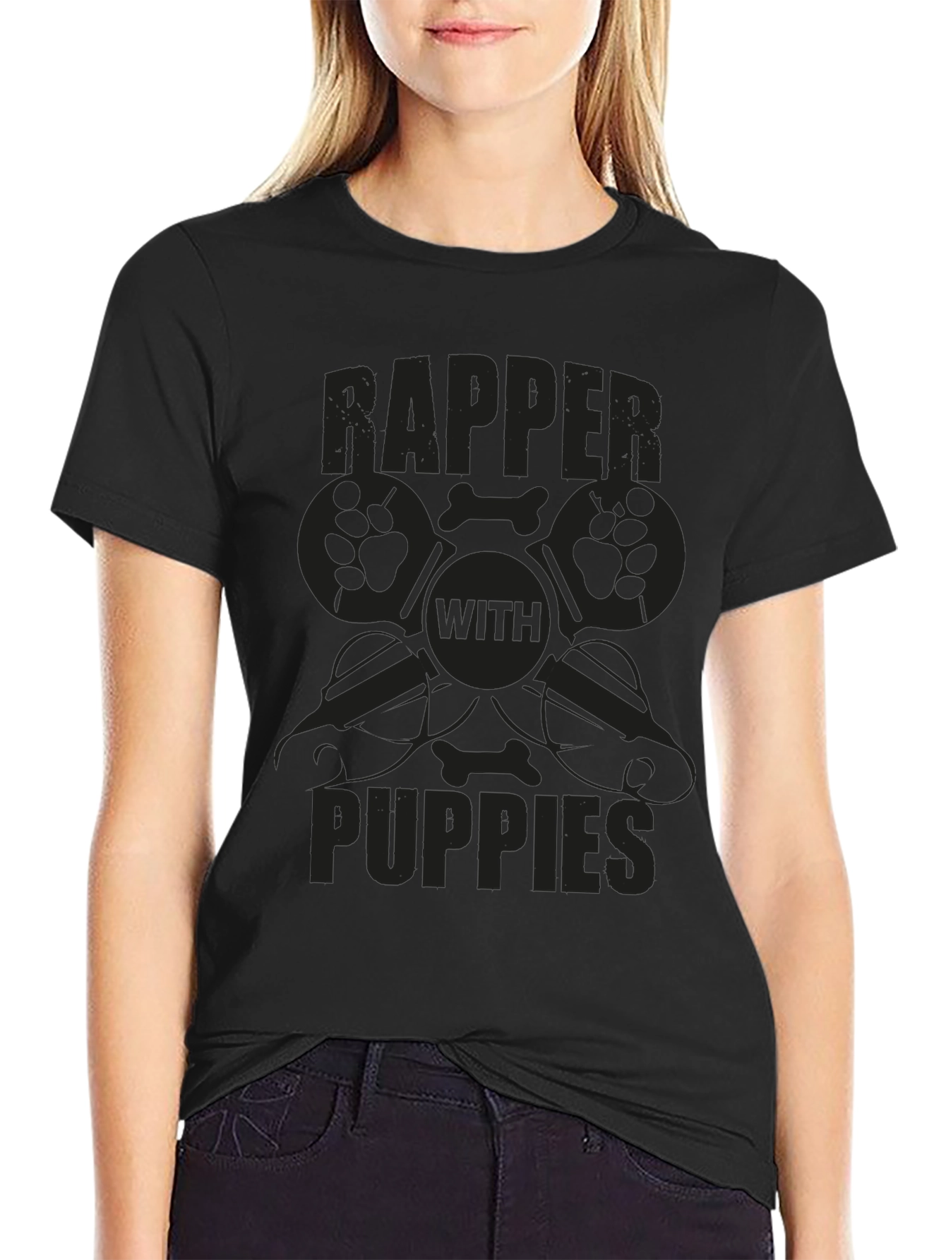 Rapper with Puppies Black Graphic T-Shirt