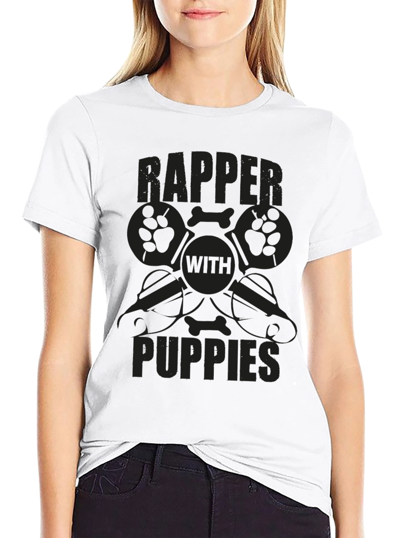 Rapper with Puppies Black Graphic T-Shirt