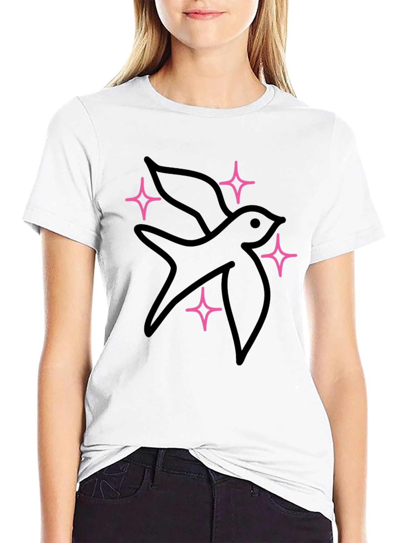 Black T-Shirt with Bird and Star Design