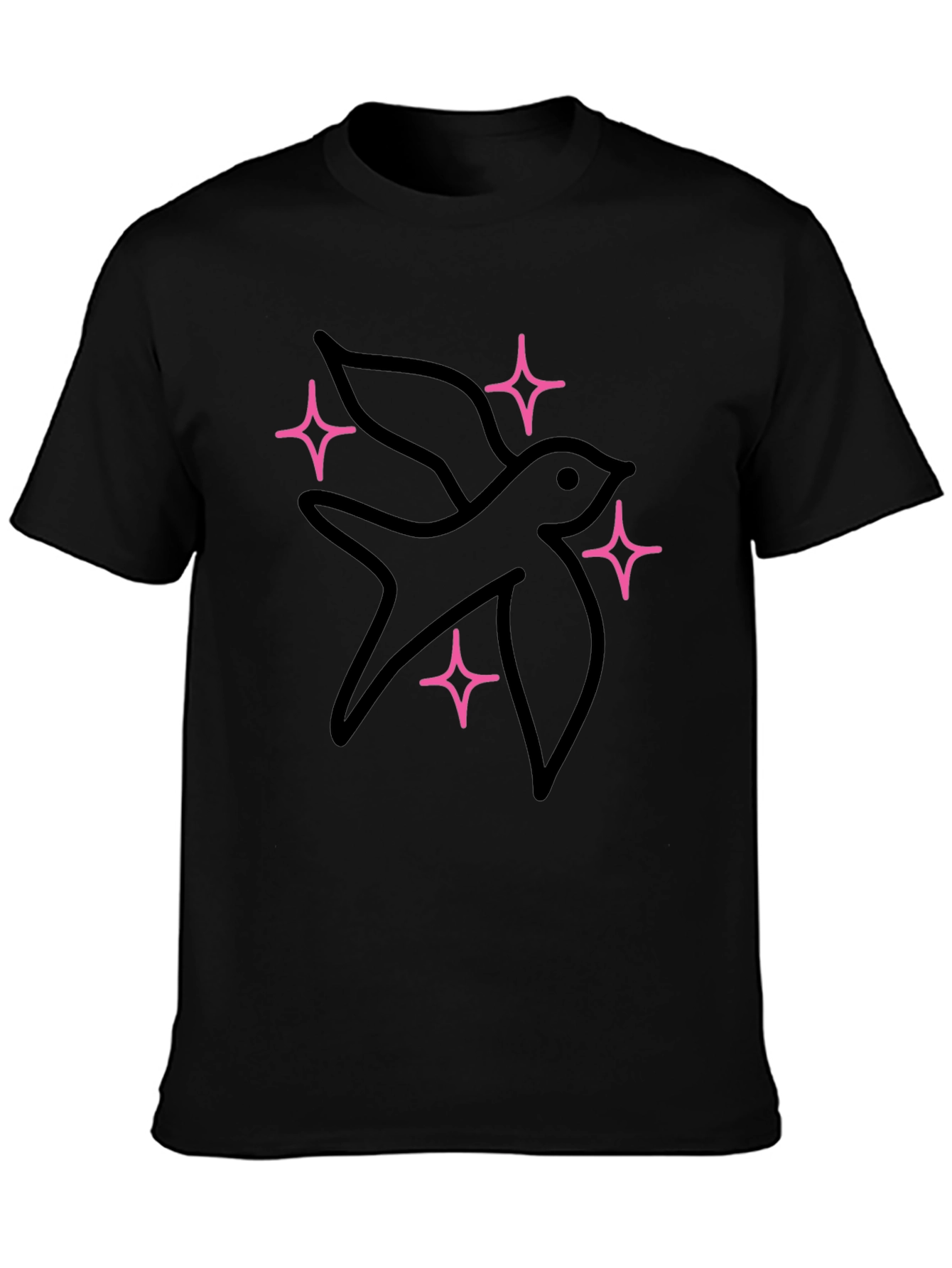 Black T-Shirt with Bird and Star Design
