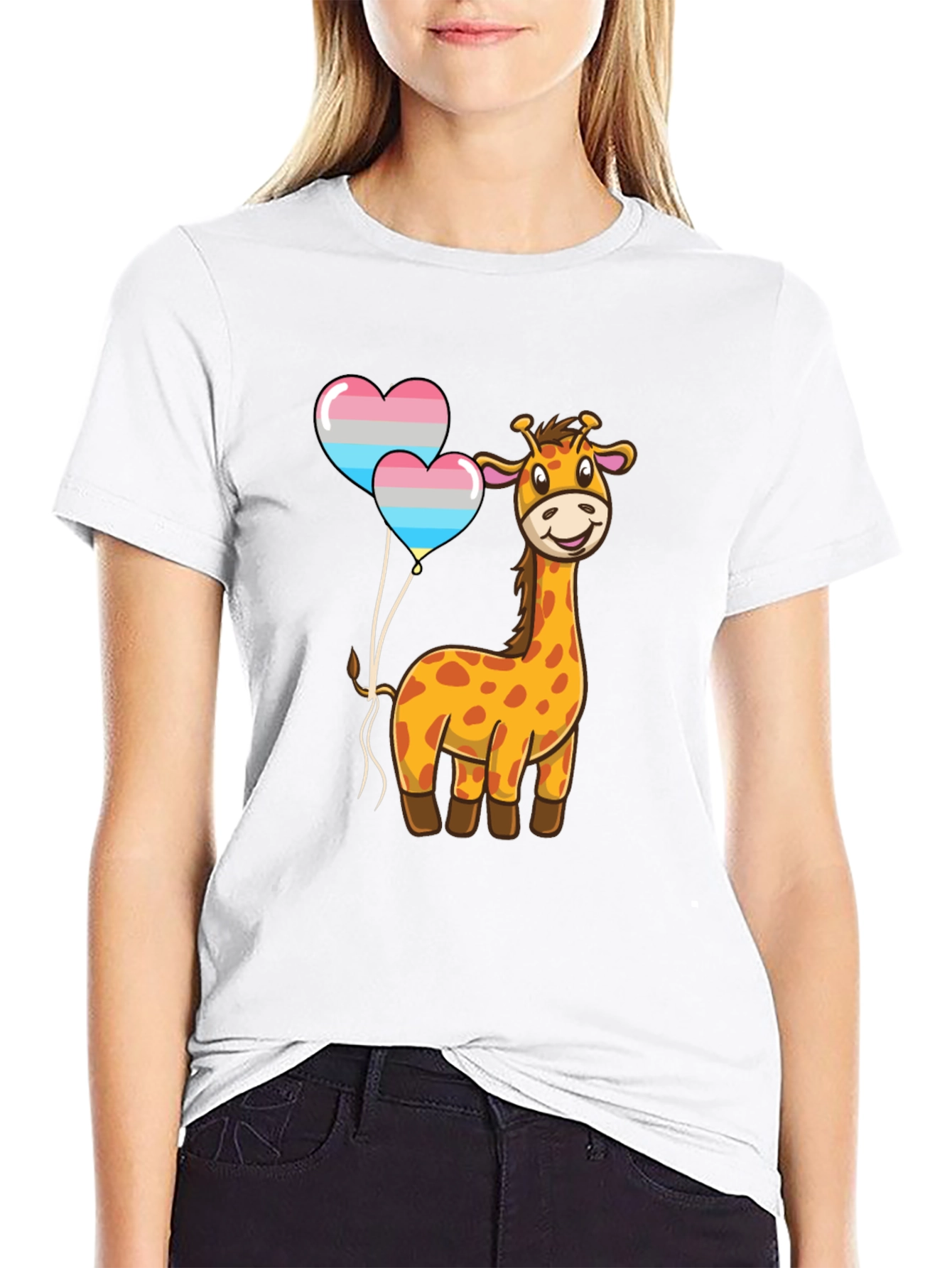 Giraffe & Trans Pride Heart Balloons Black T-Shirt