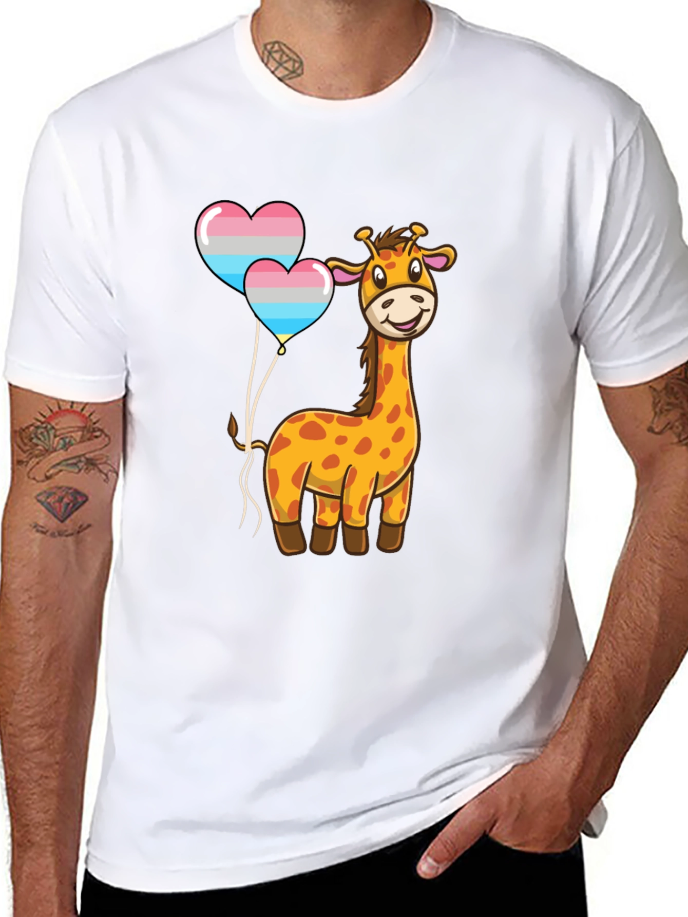 Giraffe & Trans Pride Heart Balloons Black T-Shirt