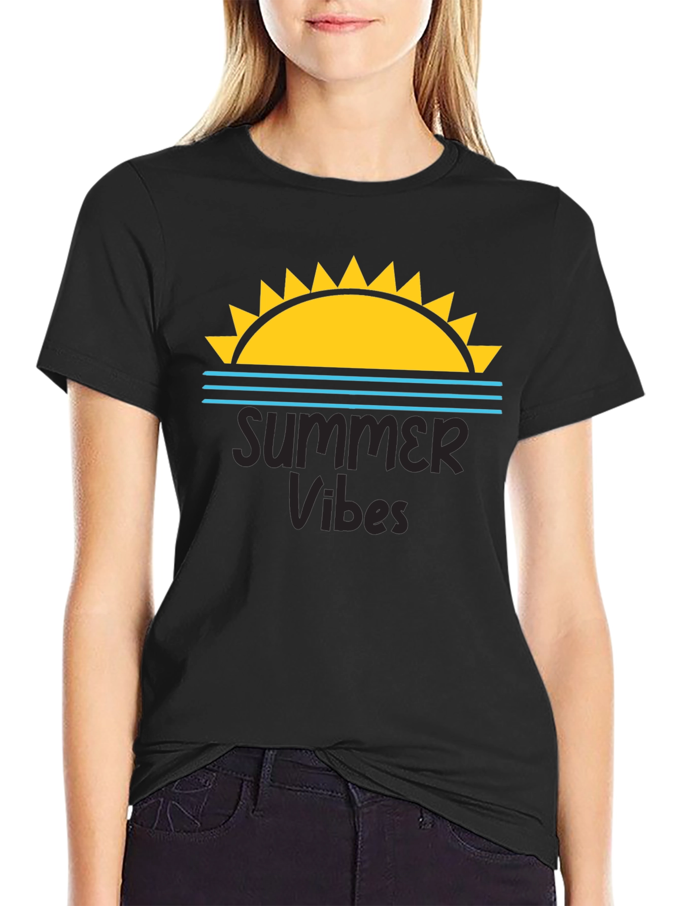 Summer Vibes Graphic Tee - Black Cotton T-Shirt