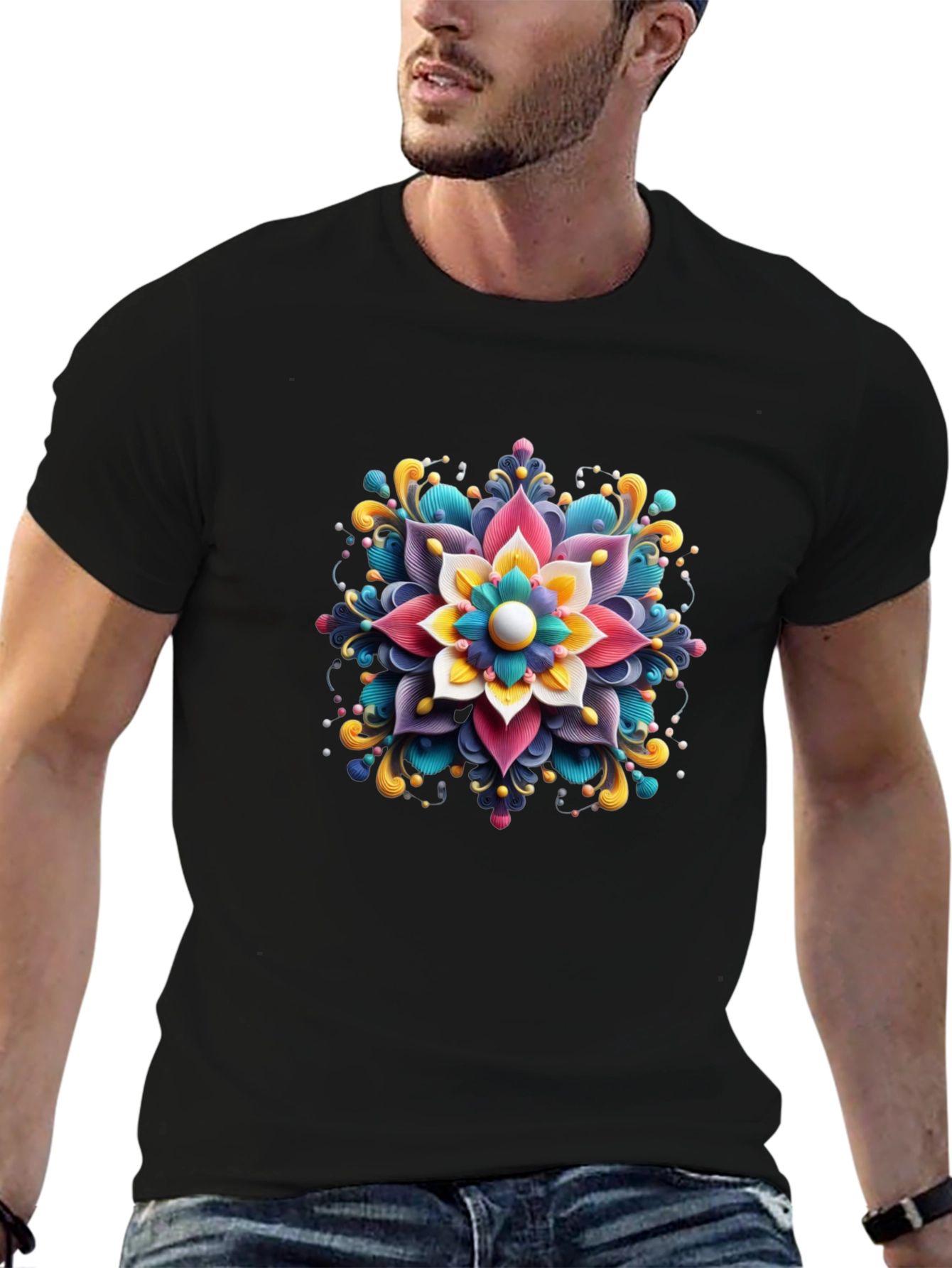 Floral Mandala Graphic Print Black T-Shirt