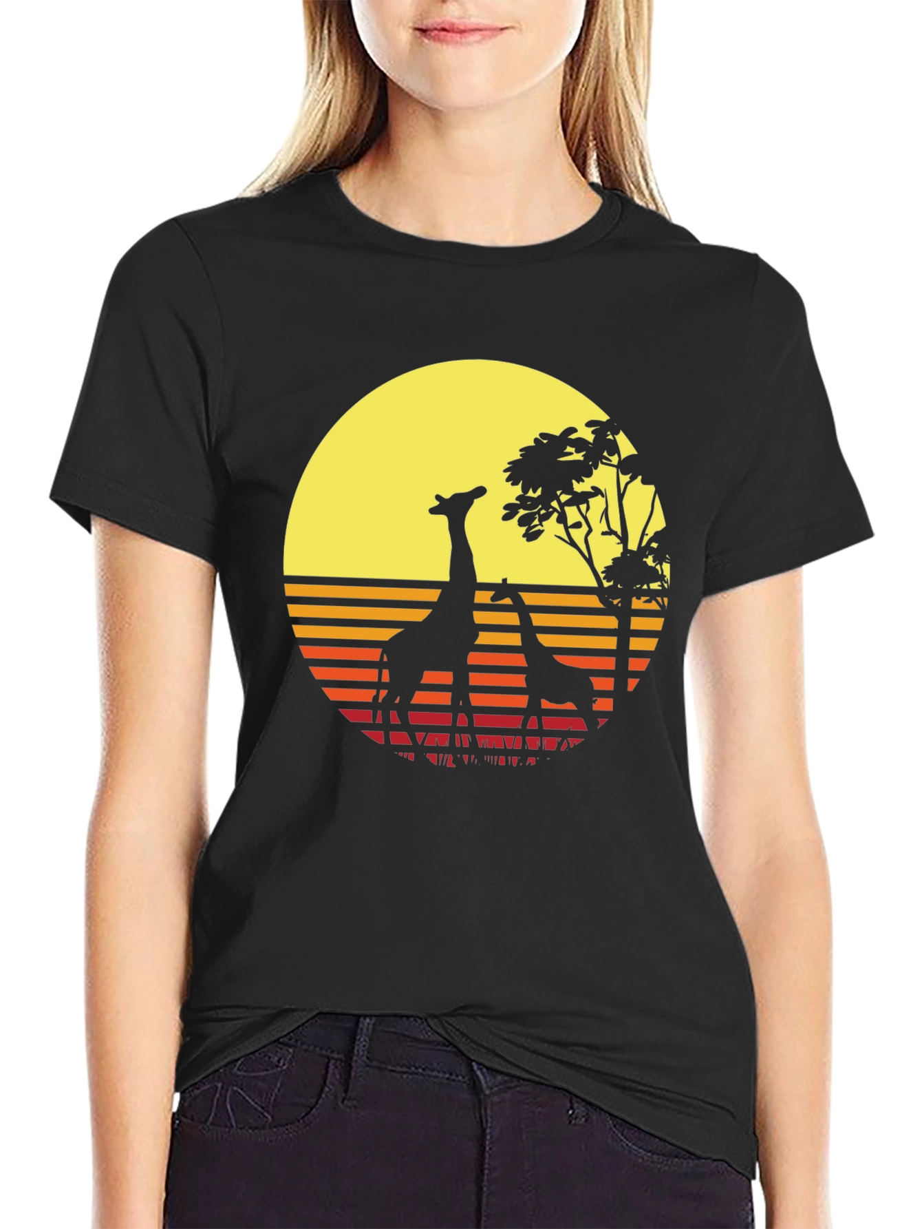 Retro Giraffe Sunset T-Shirt - Black