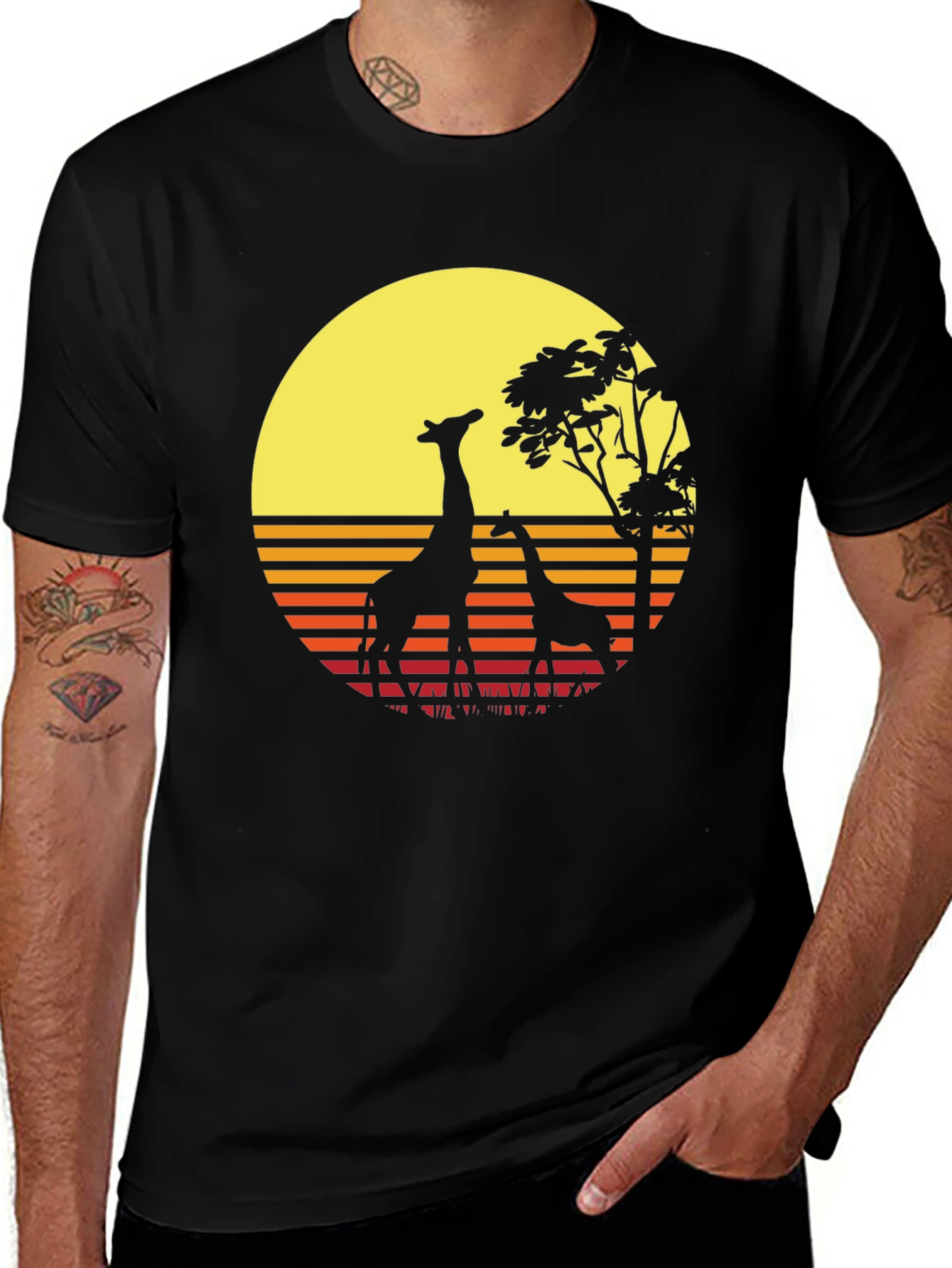 Retro Giraffe Sunset T-Shirt - Black