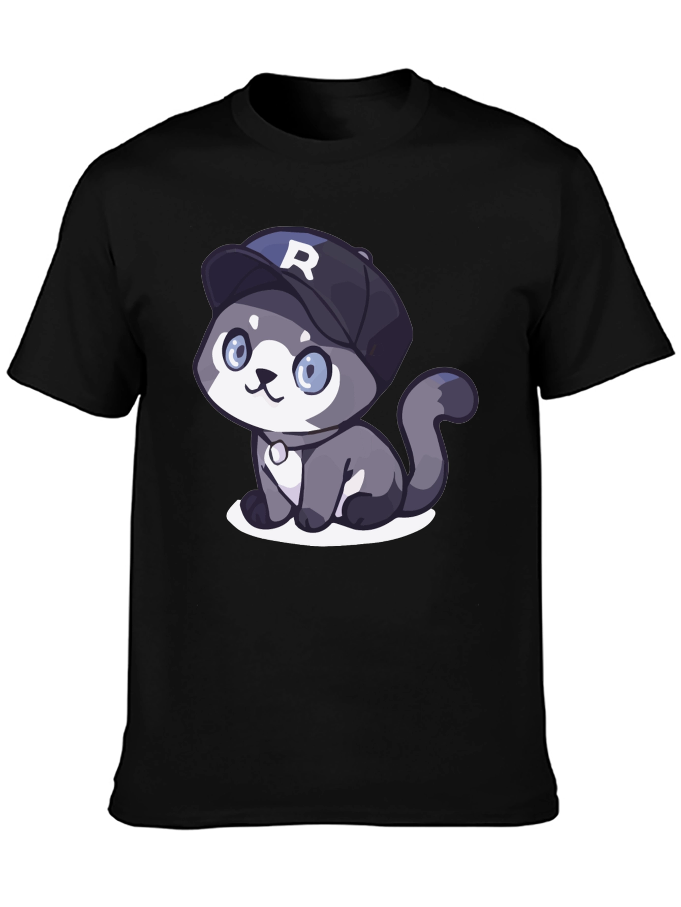 Cartoon Cat R Cap Black T-Shirt