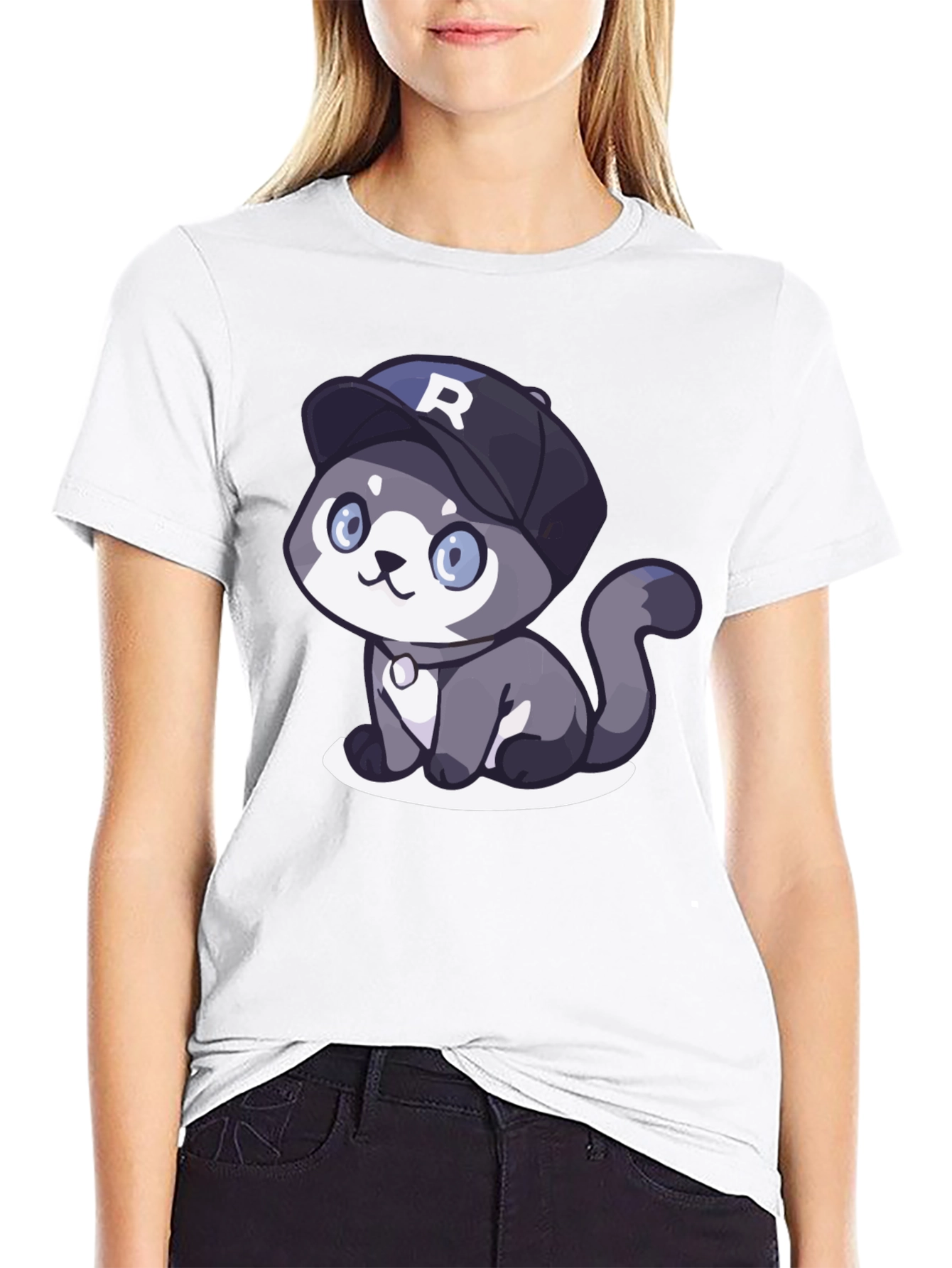 Cartoon Cat R Cap Black T-Shirt