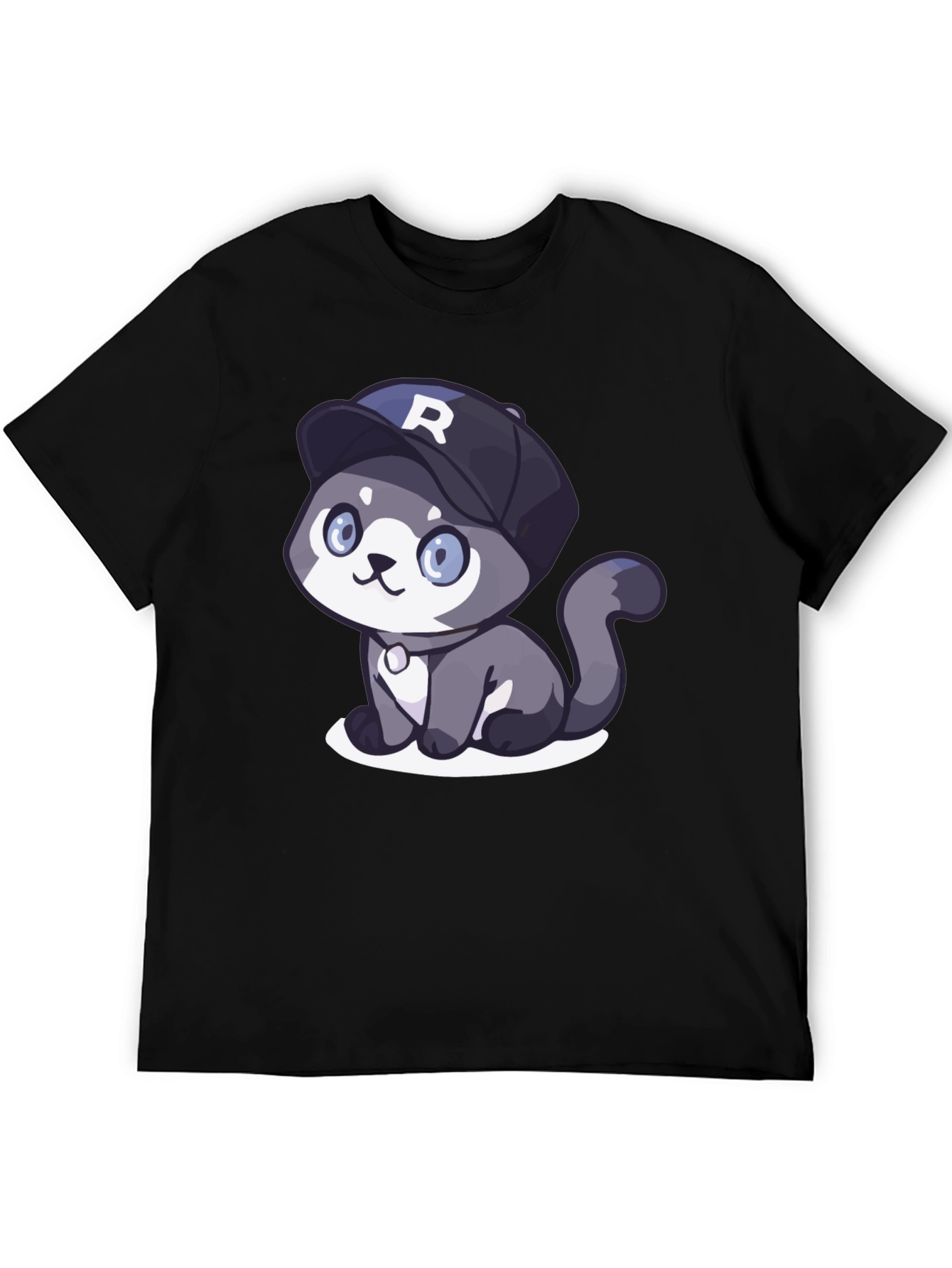 Cartoon Cat R Cap Black T-Shirt