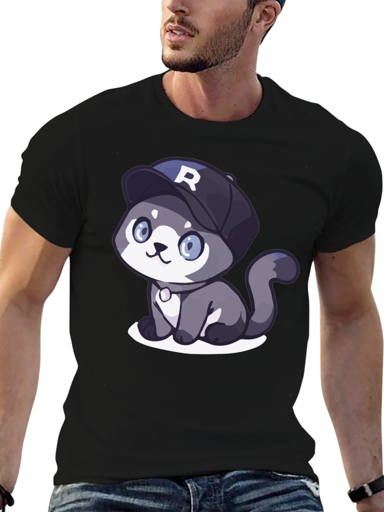 Cartoon Cat R Cap Black T-Shirt