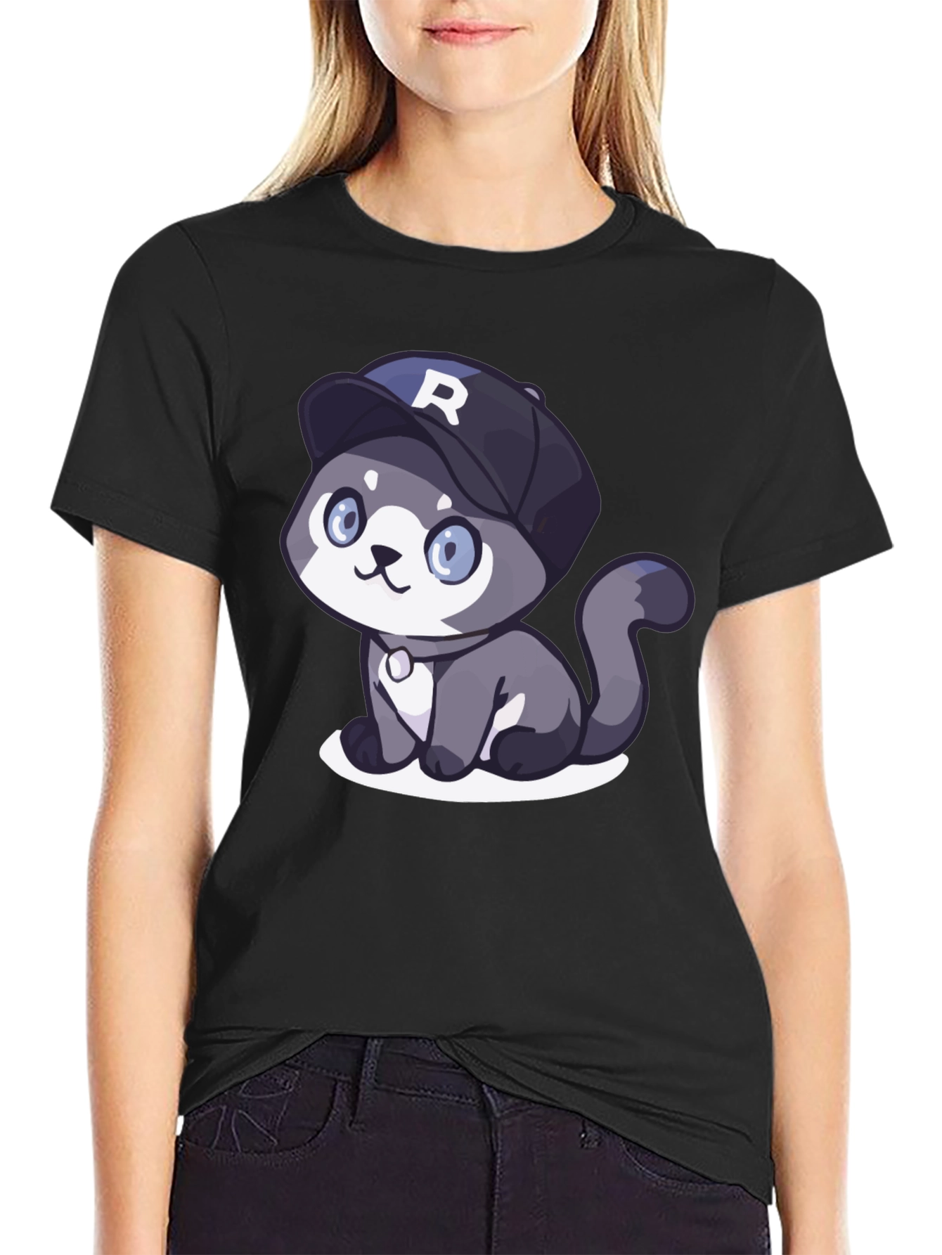 Cartoon Cat R Cap Black T-Shirt