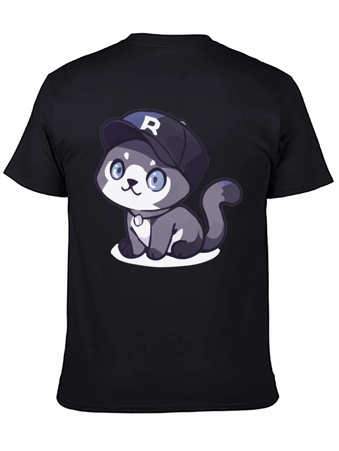 Cartoon Cat R Cap Black T-Shirt