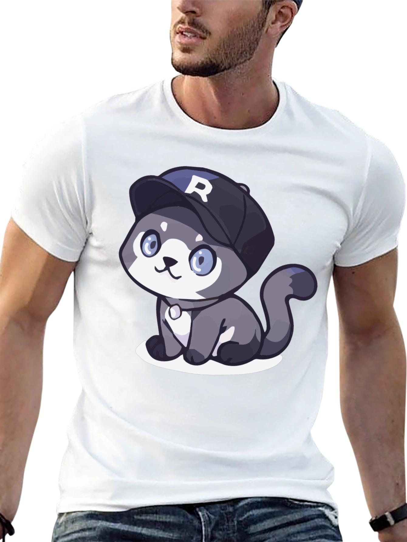 Cartoon Cat R Cap Black T-Shirt