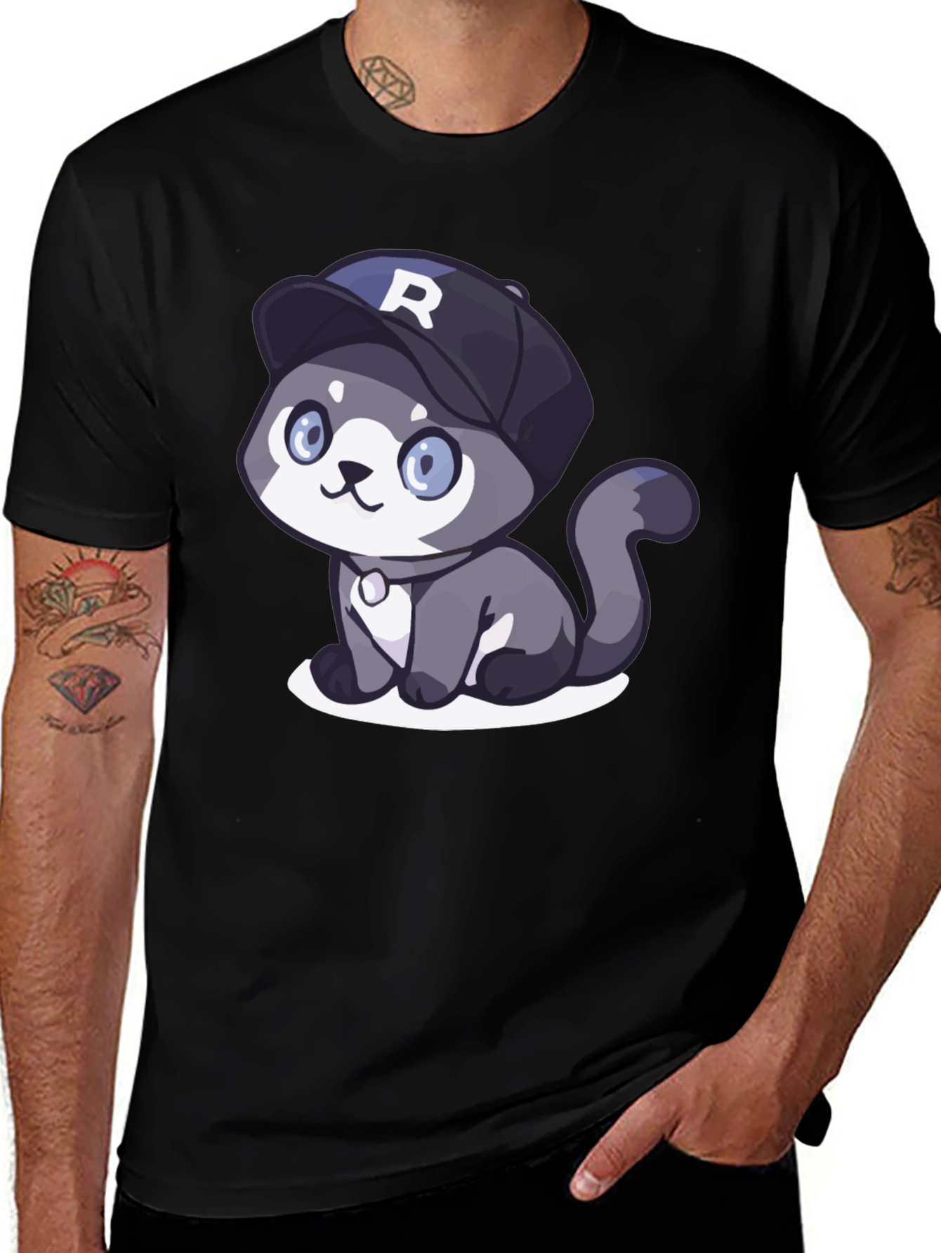Cartoon Cat R Cap Black T-Shirt