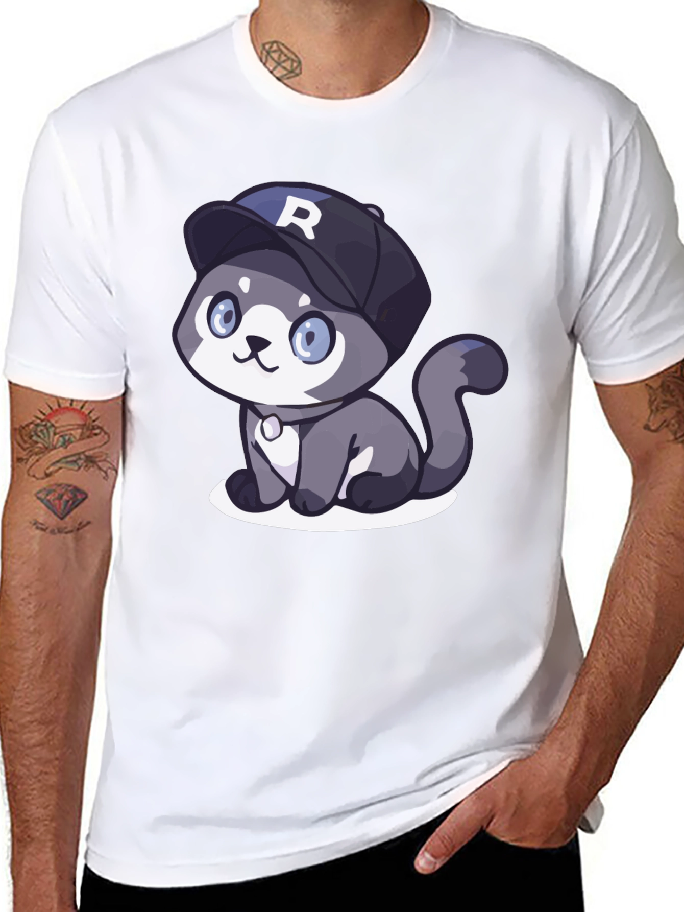 Cartoon Cat R Cap Black T-Shirt