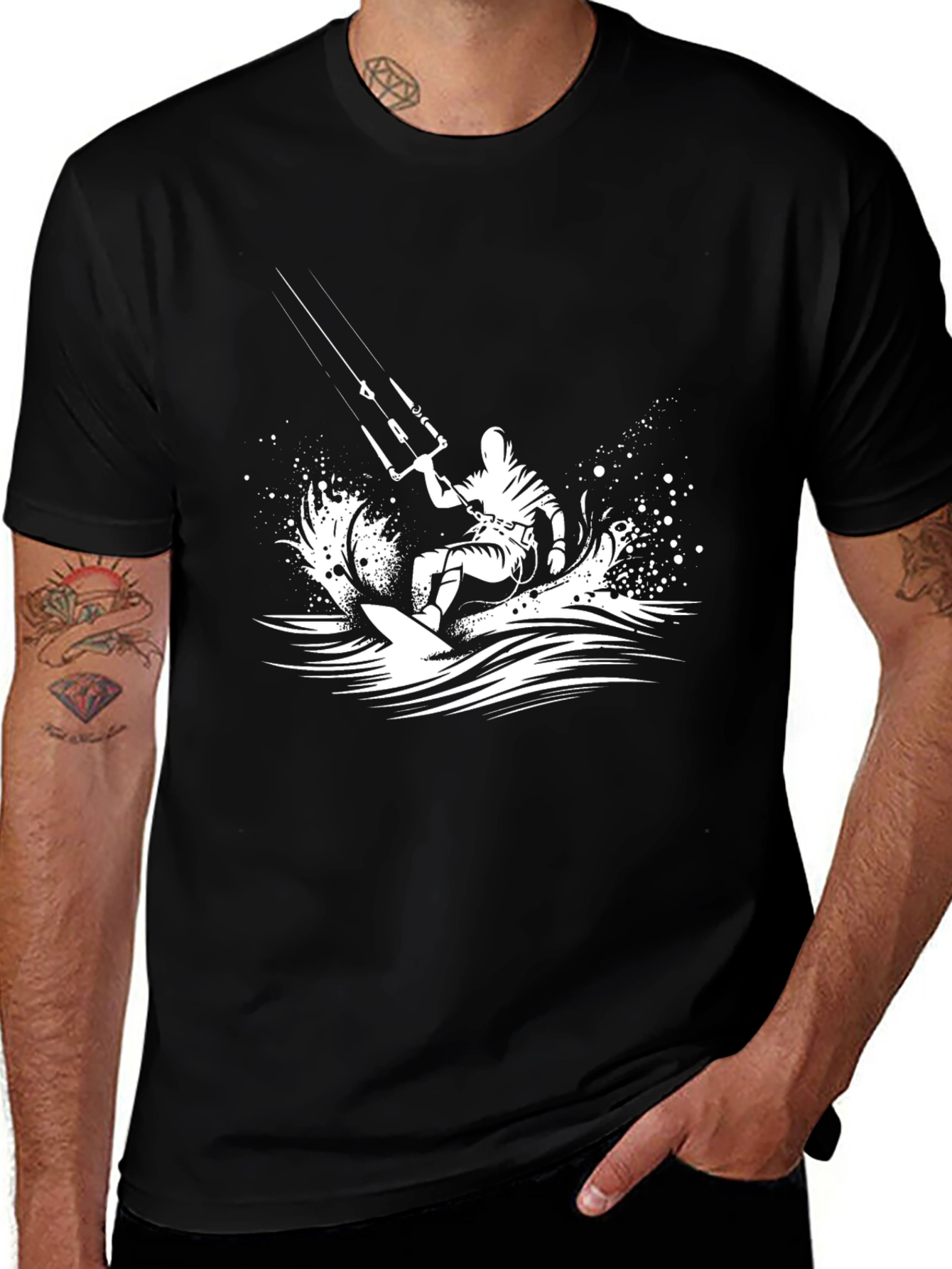 Kite Surfing Graphic Tee - Black Cotton T-Shirt