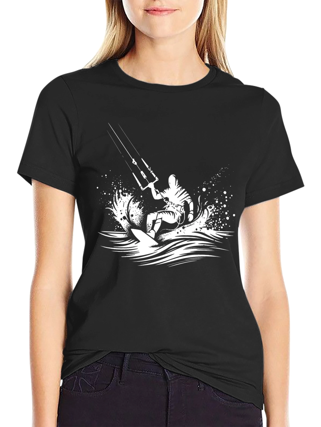 Kite Surfing Graphic Tee - Black Cotton T-Shirt