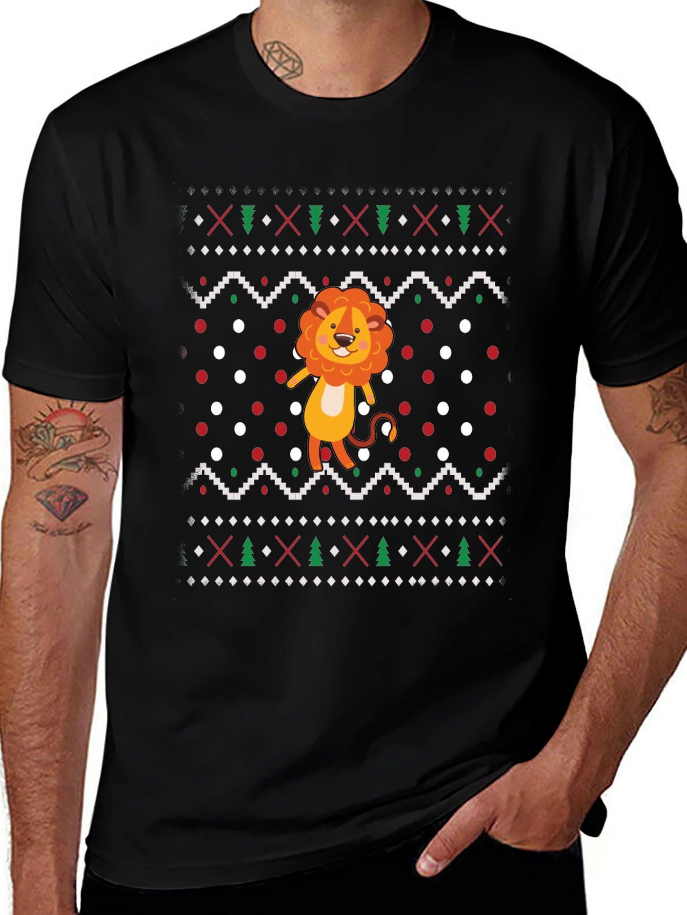 Lion Ugly Christmas Sweater Style Black T-Shirt