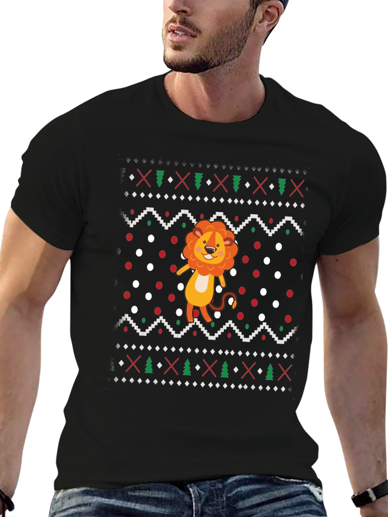Lion Ugly Christmas Sweater Style Black T-Shirt