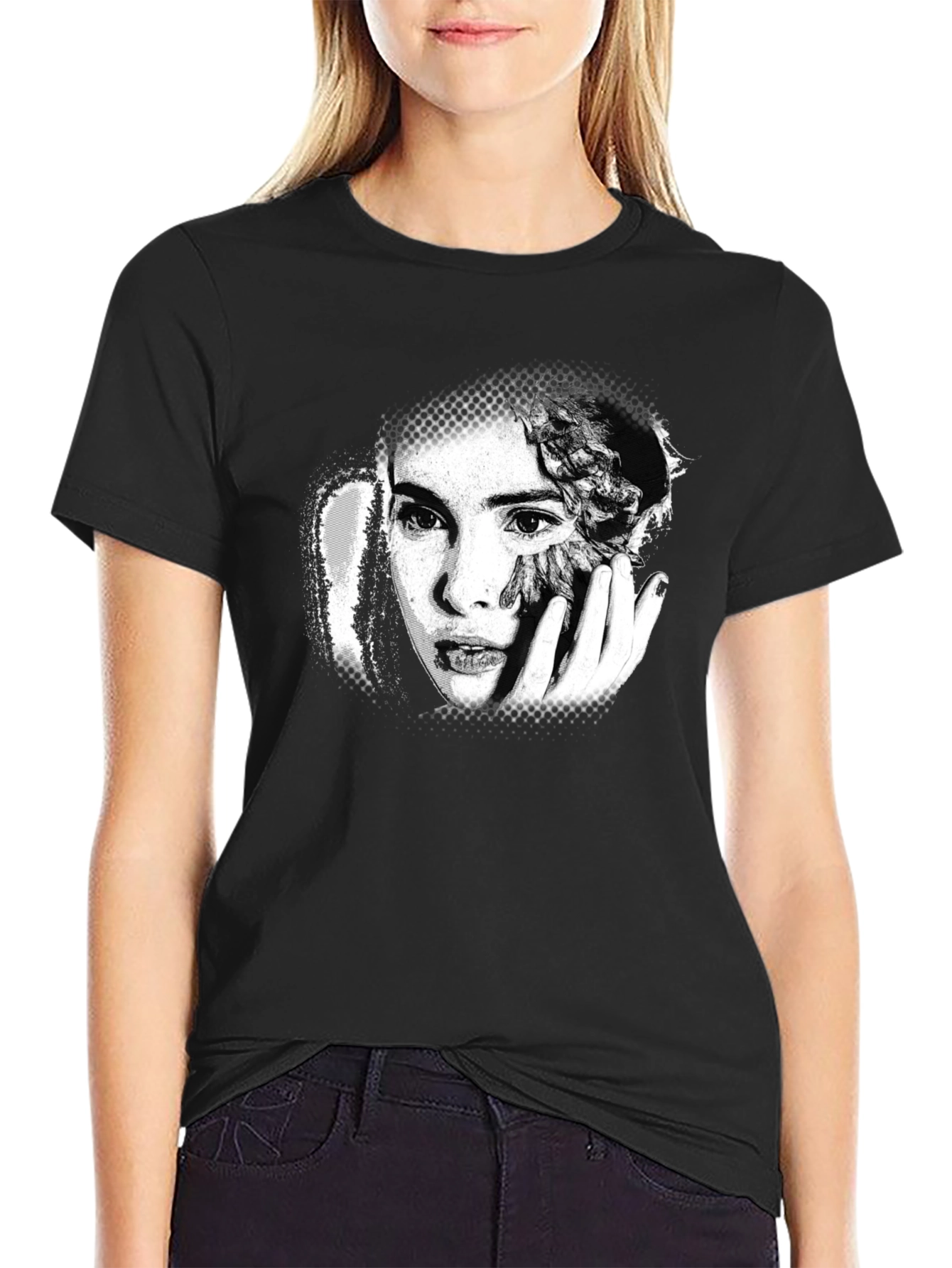 Artistic Portrait Print Black T-Shirt