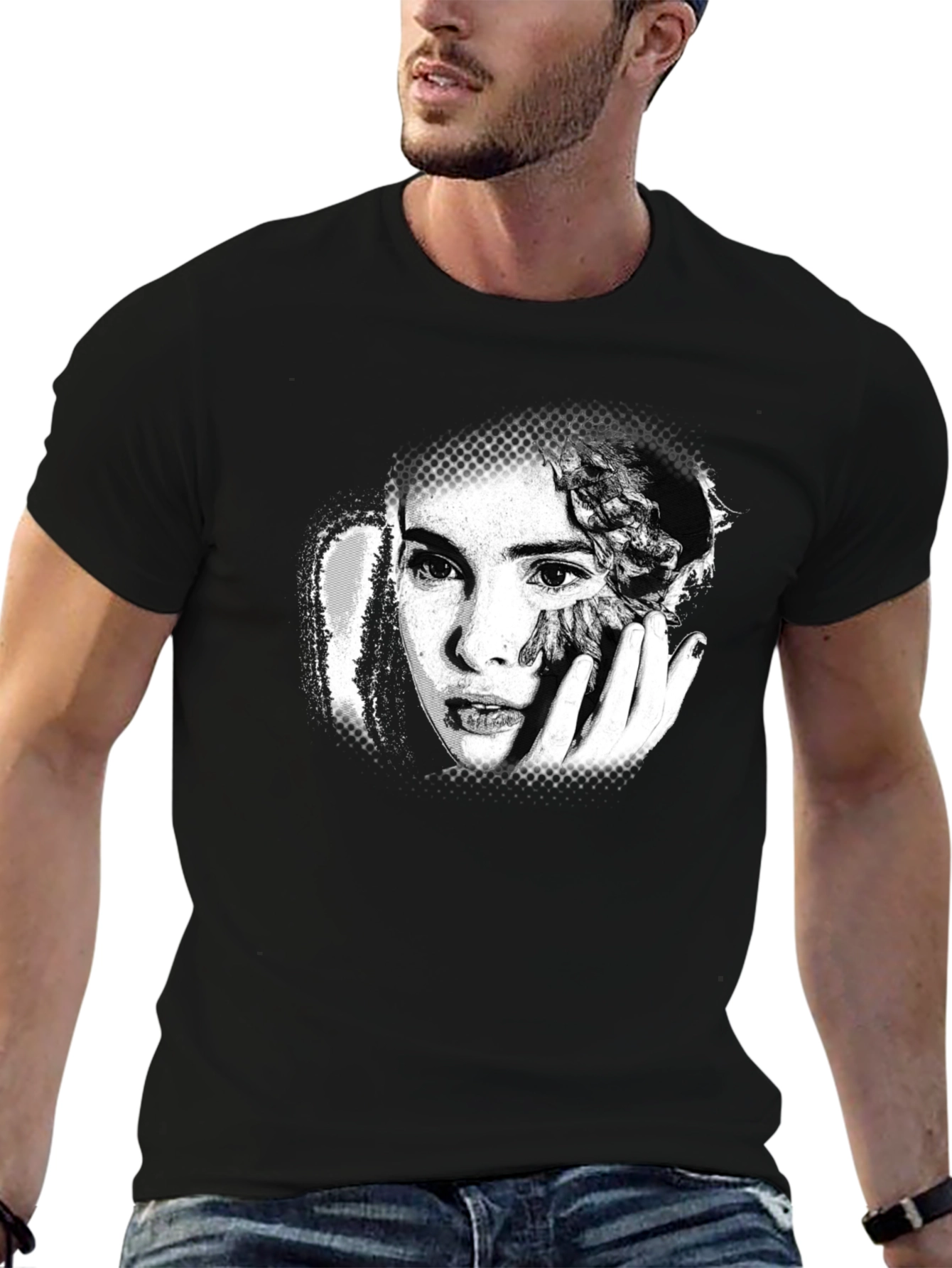 Artistic Portrait Print Black T-Shirt