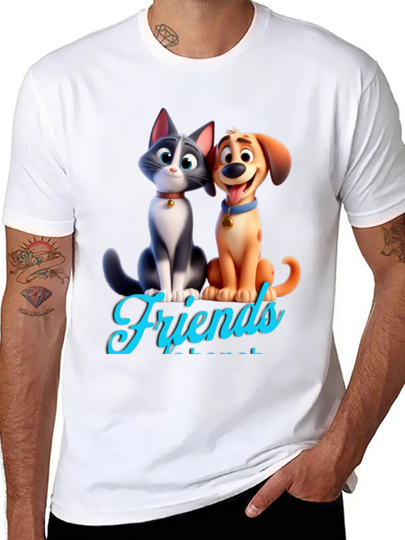 Cartoon Cat and Dog Friends Black T-Shirt