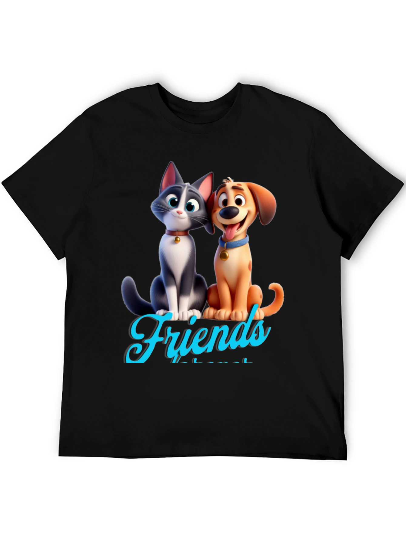 Cartoon Cat and Dog Friends Black T-Shirt