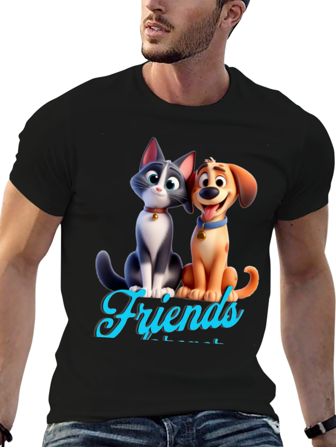 Cartoon Cat and Dog Friends Black T-Shirt