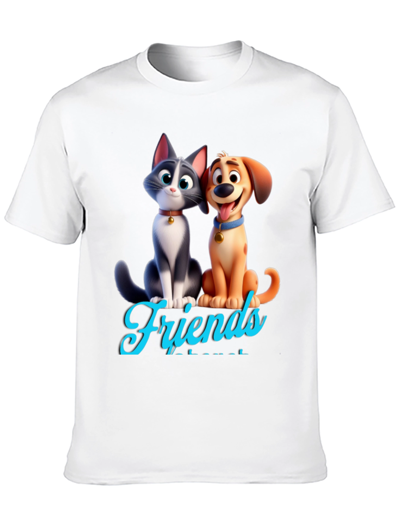 Cartoon Cat and Dog Friends Black T-Shirt