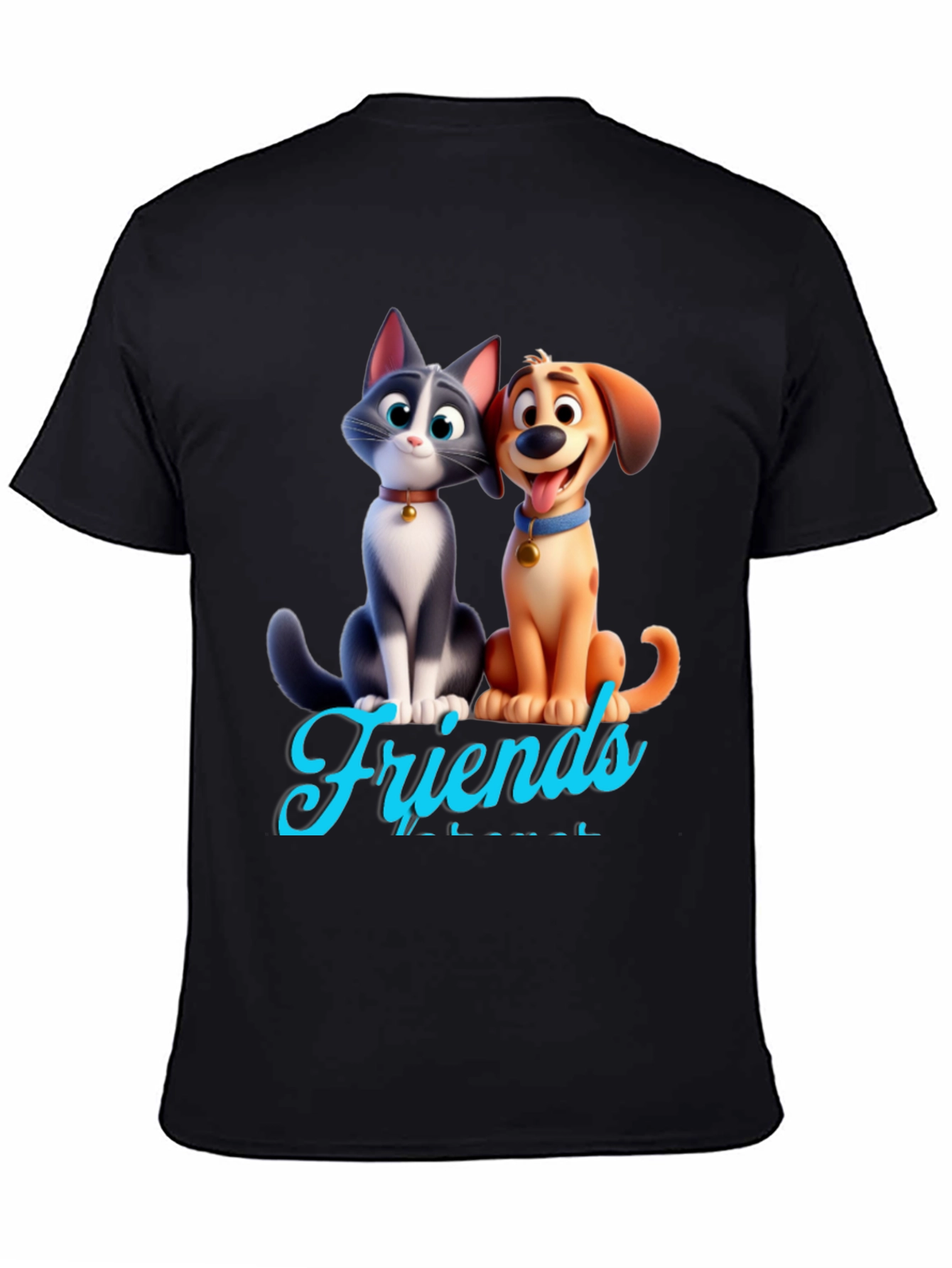 Cartoon Cat and Dog Friends Black T-Shirt