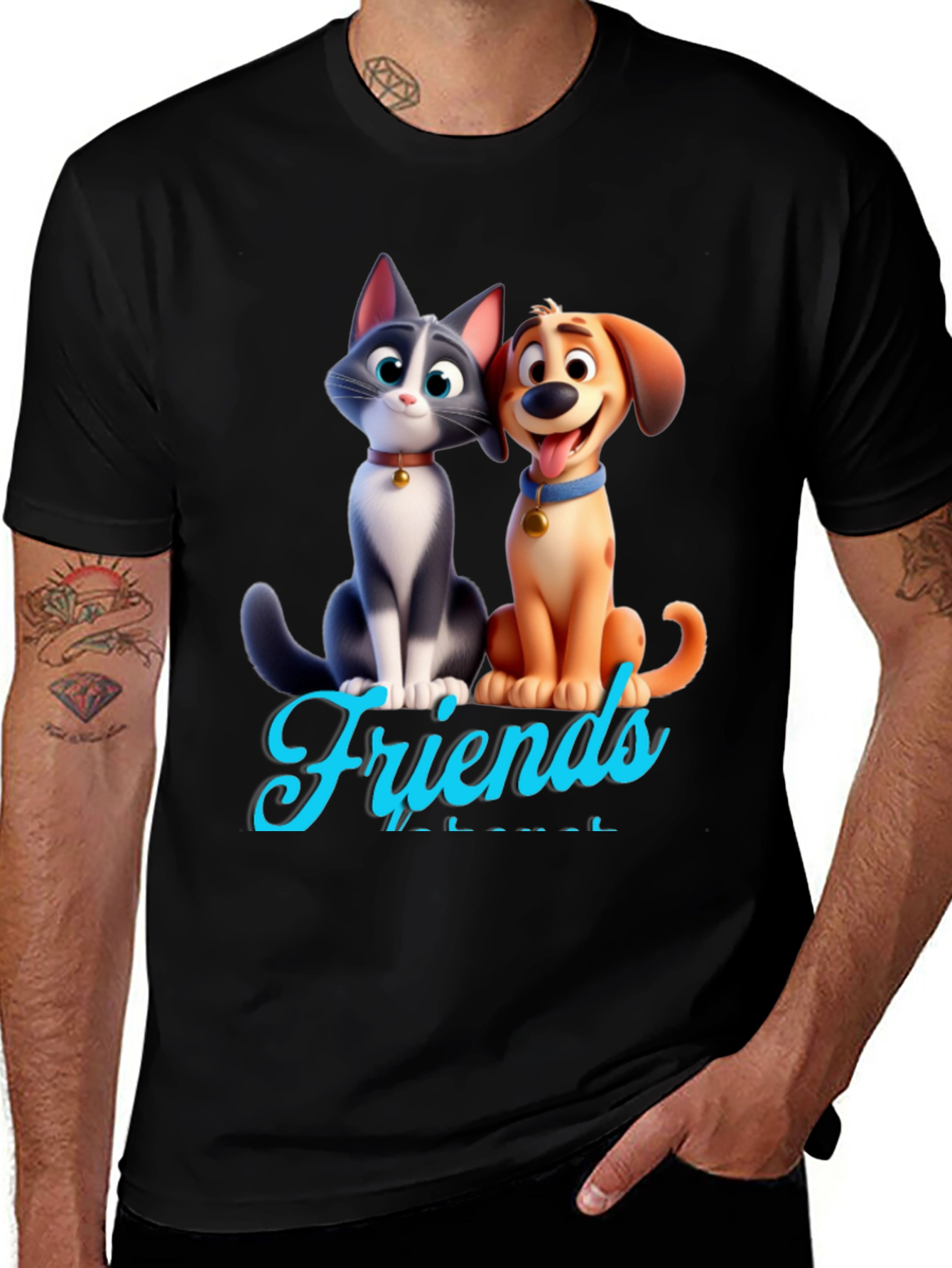 Cartoon Cat and Dog Friends Black T-Shirt