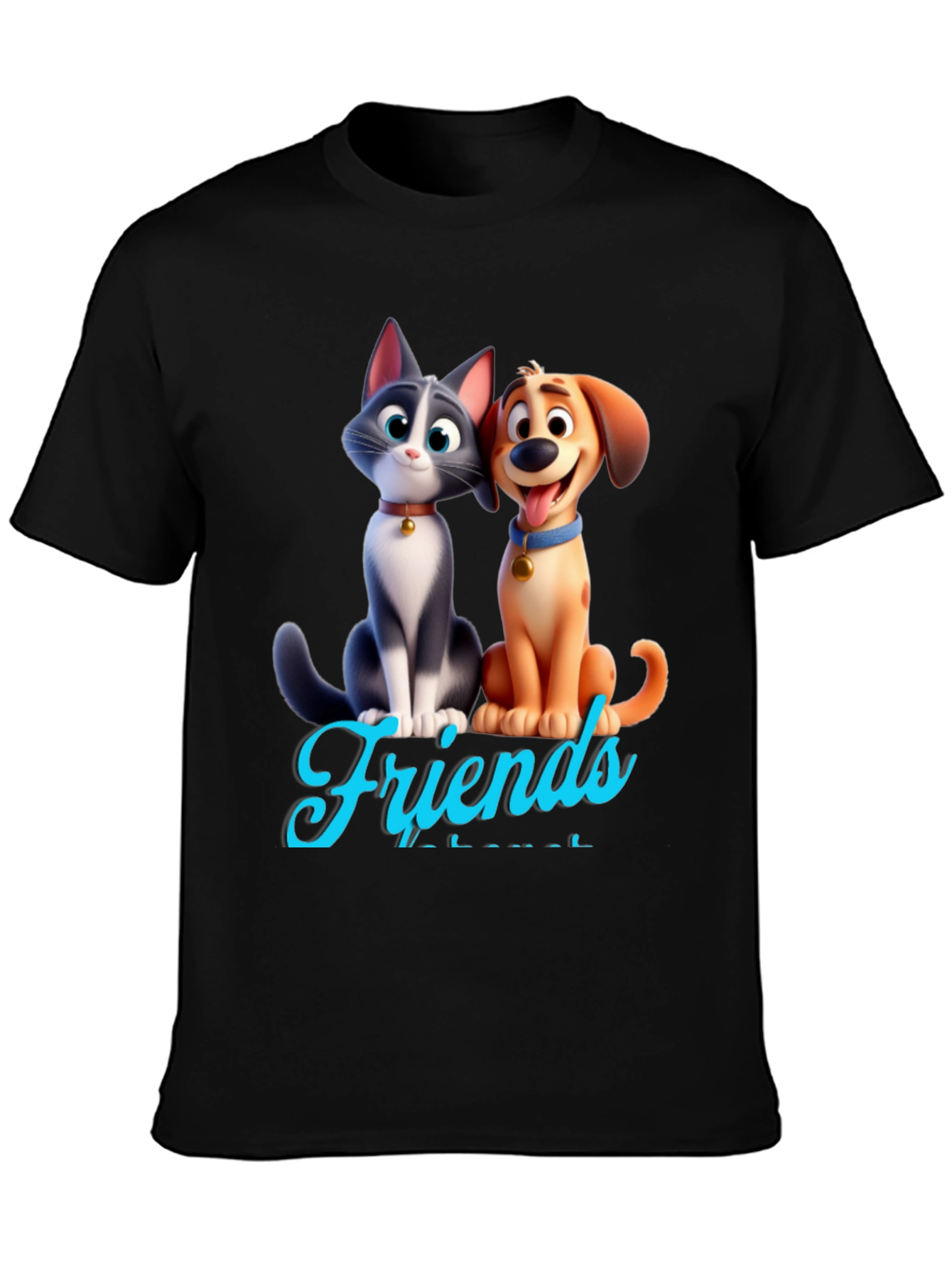 Cartoon Cat and Dog Friends Black T-Shirt