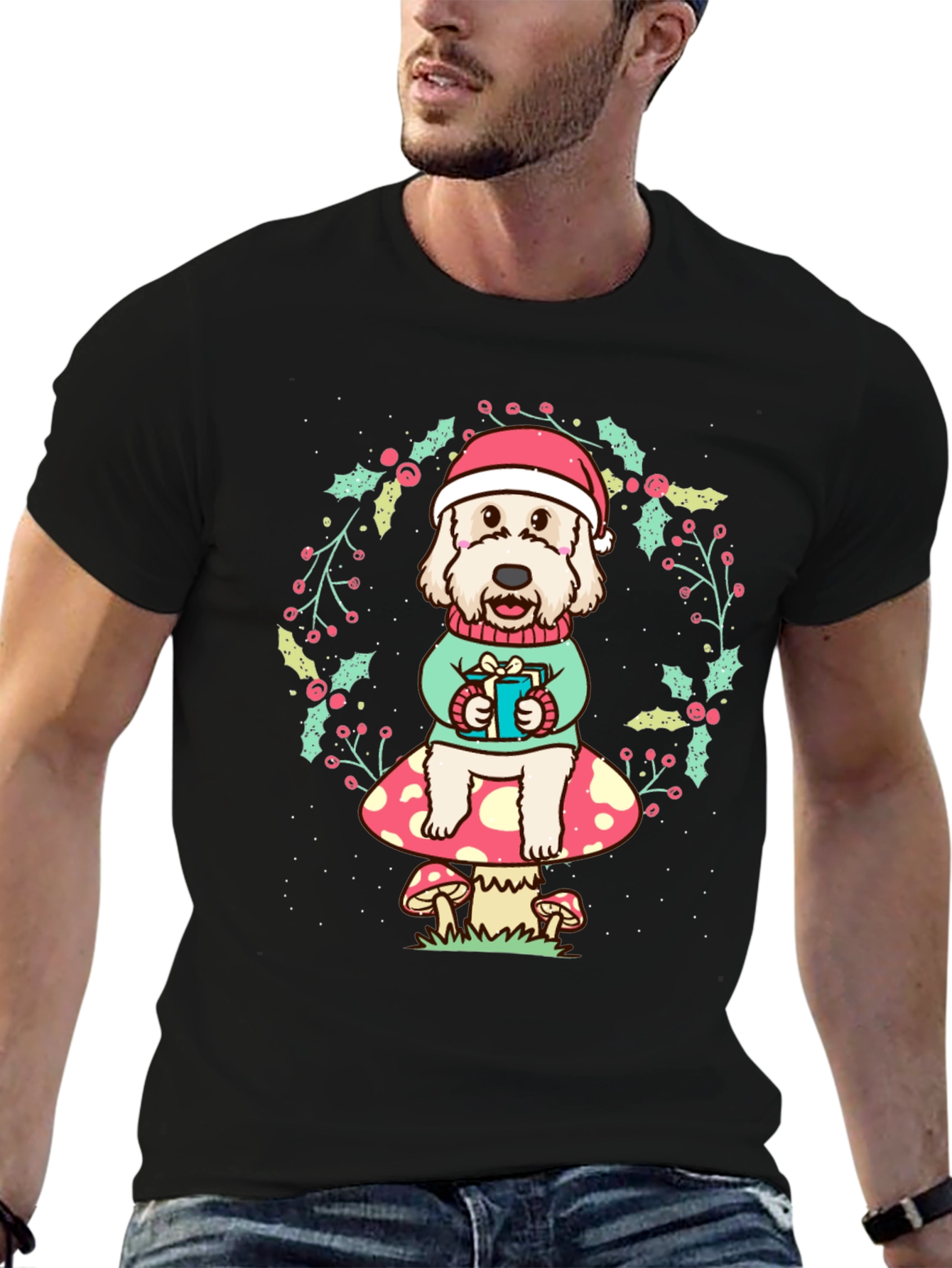 Festive Dog on Mushroom Tee