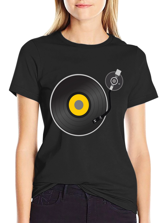 Retro Vinyl Record Graphic Tee - Black Cotton T-Shirt