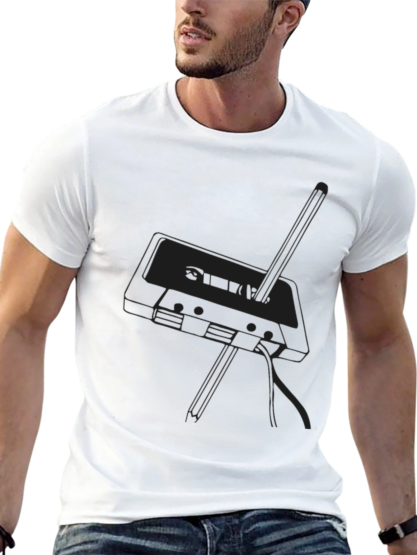 Retro Cassette Tape Graphic Tee - Black Cotton Blend