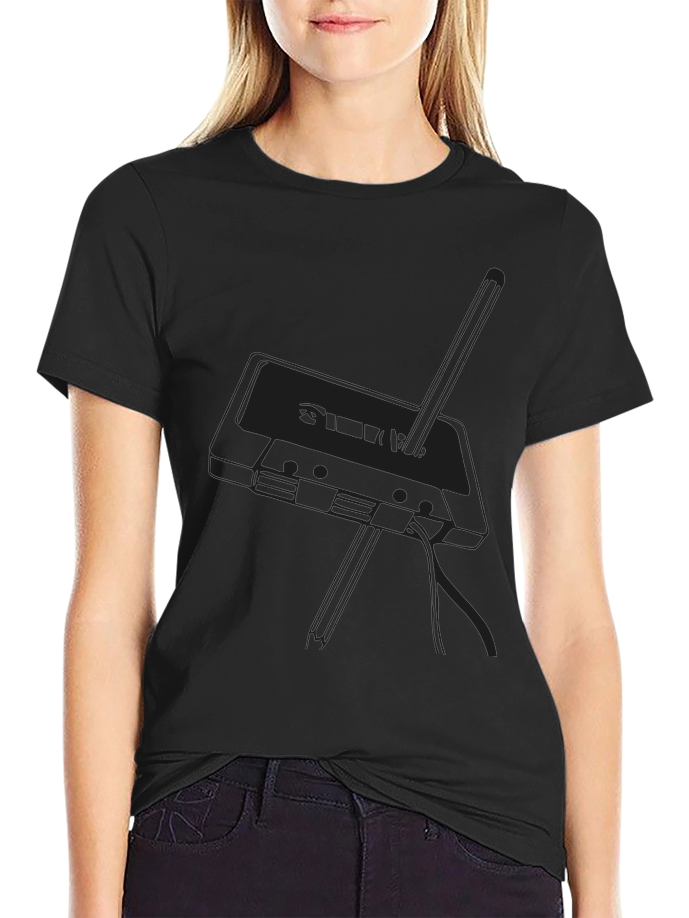 Retro Cassette Tape Graphic Tee - Black Cotton Blend